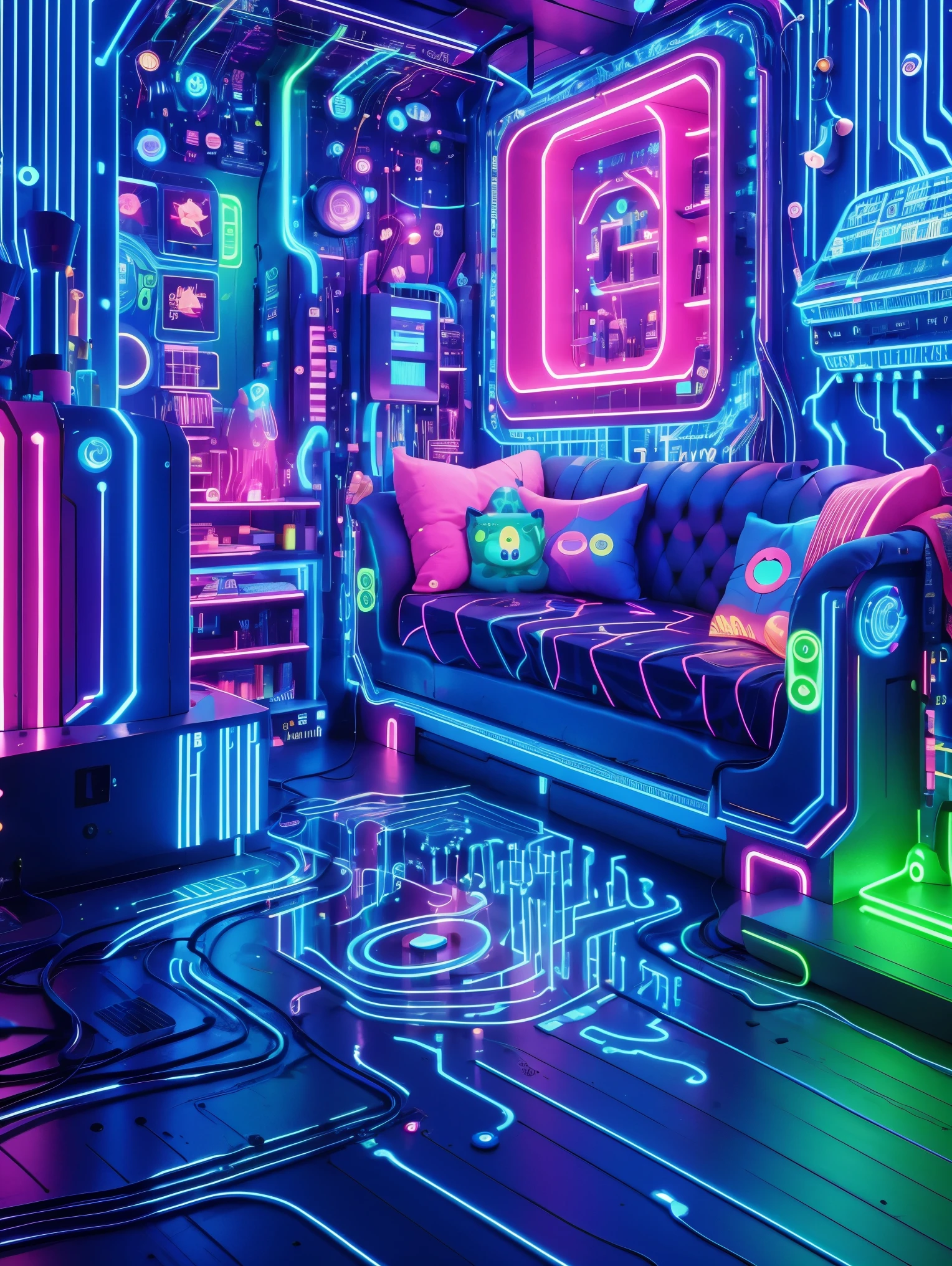 (Neon lights),circuit boards,Colorful hair,luminescent colors,lamp,girl,look at camera,slime girl,flowy vest shorts,towards the wall,big round eyes,Lovely,(UHD, masterpiece, ccurate, anatomically correct, textured skin, high details, high quality, award winning, 8k)