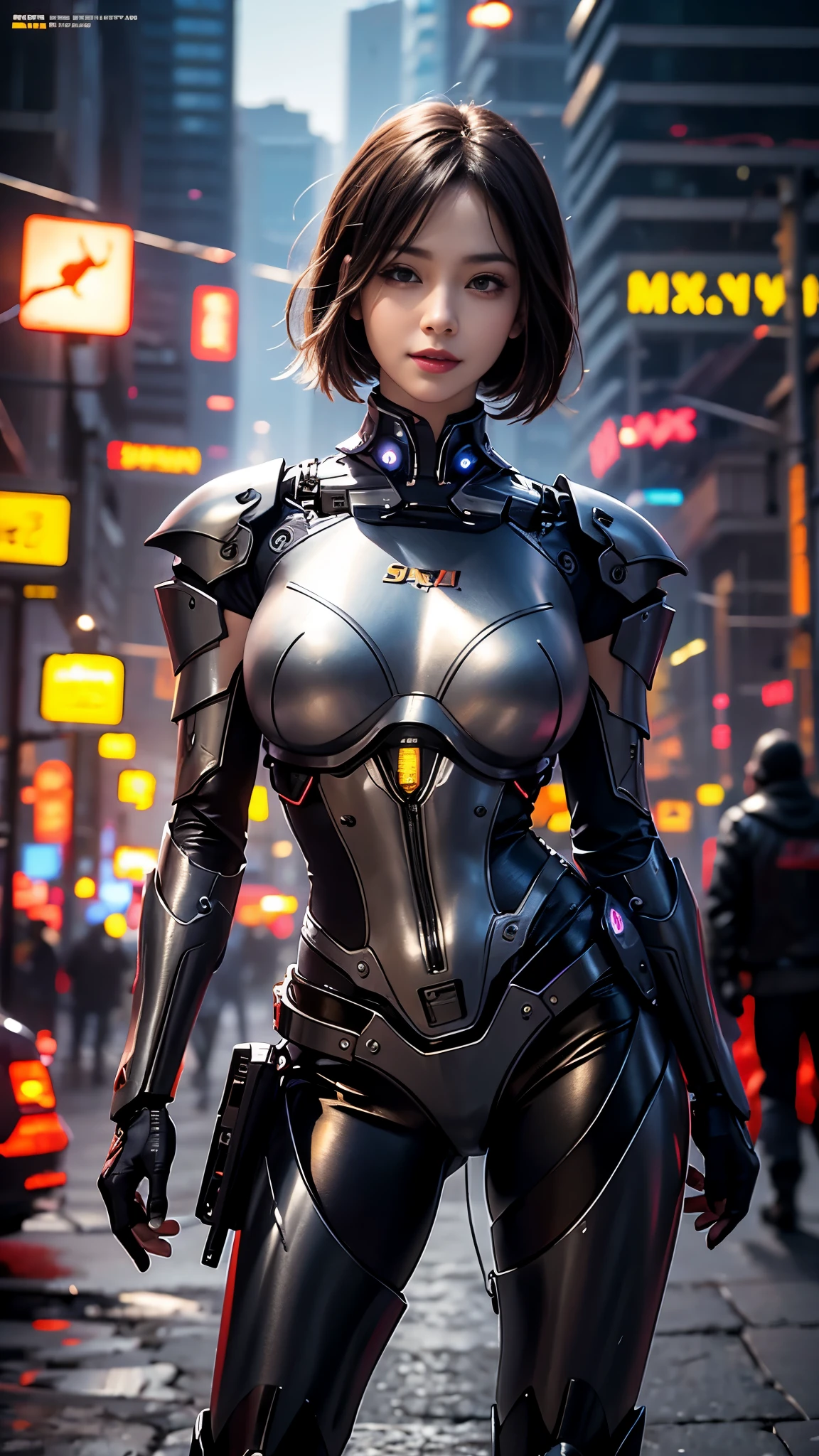 1girl,solo,(bright red lips,eyeliner,blush:0.9),huge breasts,(sagging breasts),happy,smile,looking at viewer,nsfw,pose,cowboy shot,dynamic pose, mecha,full armor,cyberpunk city night,dark theme,rim lighting, masterpiece,official art,best quality,ray tracing,volumetric light,realistic,photorealistic,ultra highres,vivid,nostalgia,bokeh,