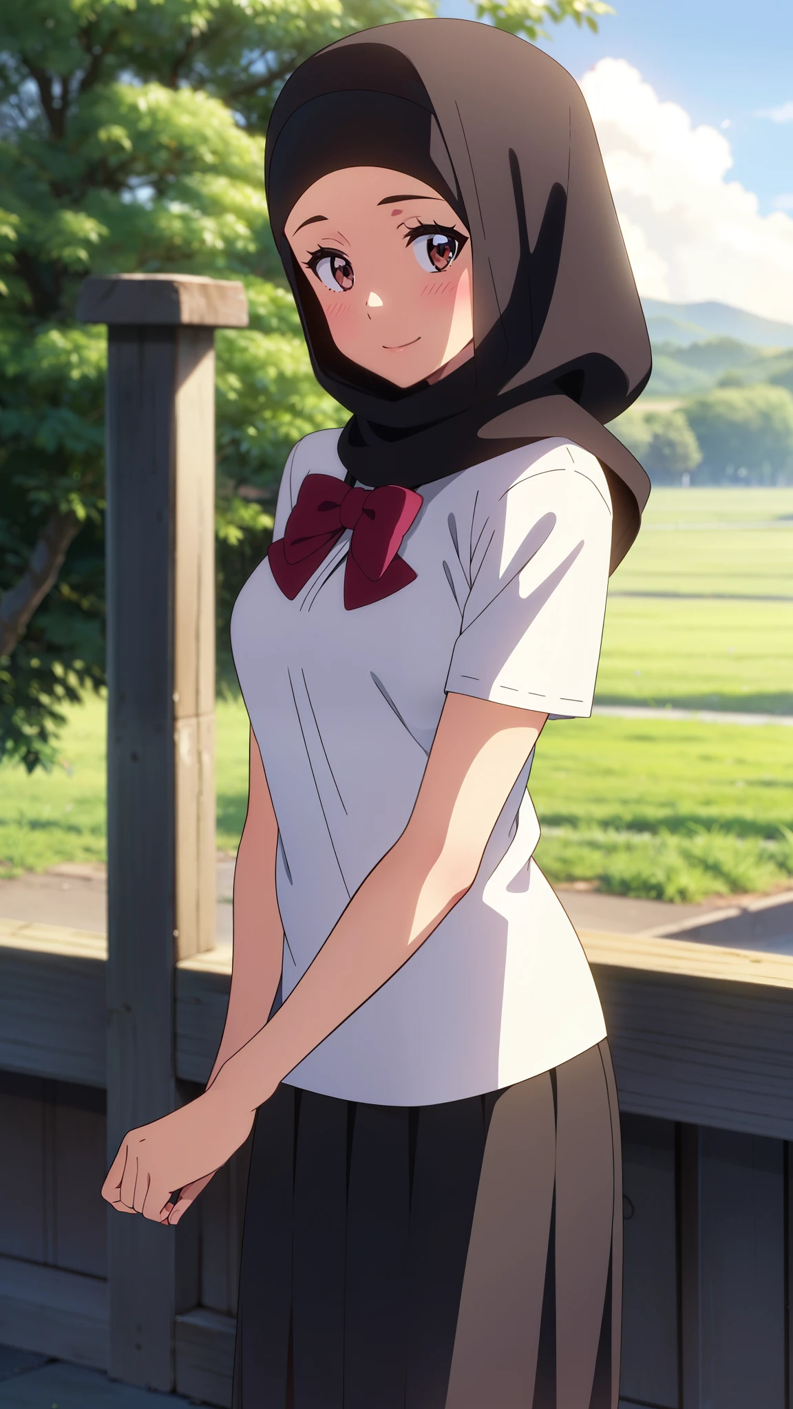 shinkai makoto, kimi no na wa., 1girl, bangs, black hair, short hair, ((wearing islamic hijab)), blush, bright eyes, brown eyes, red bow, smile, cute, beautiful, shiny skin, solo, looking at the viewer, shirt, white shirt, short sleeves, black skirt, long skirt, market, tree, cloudy, overcast