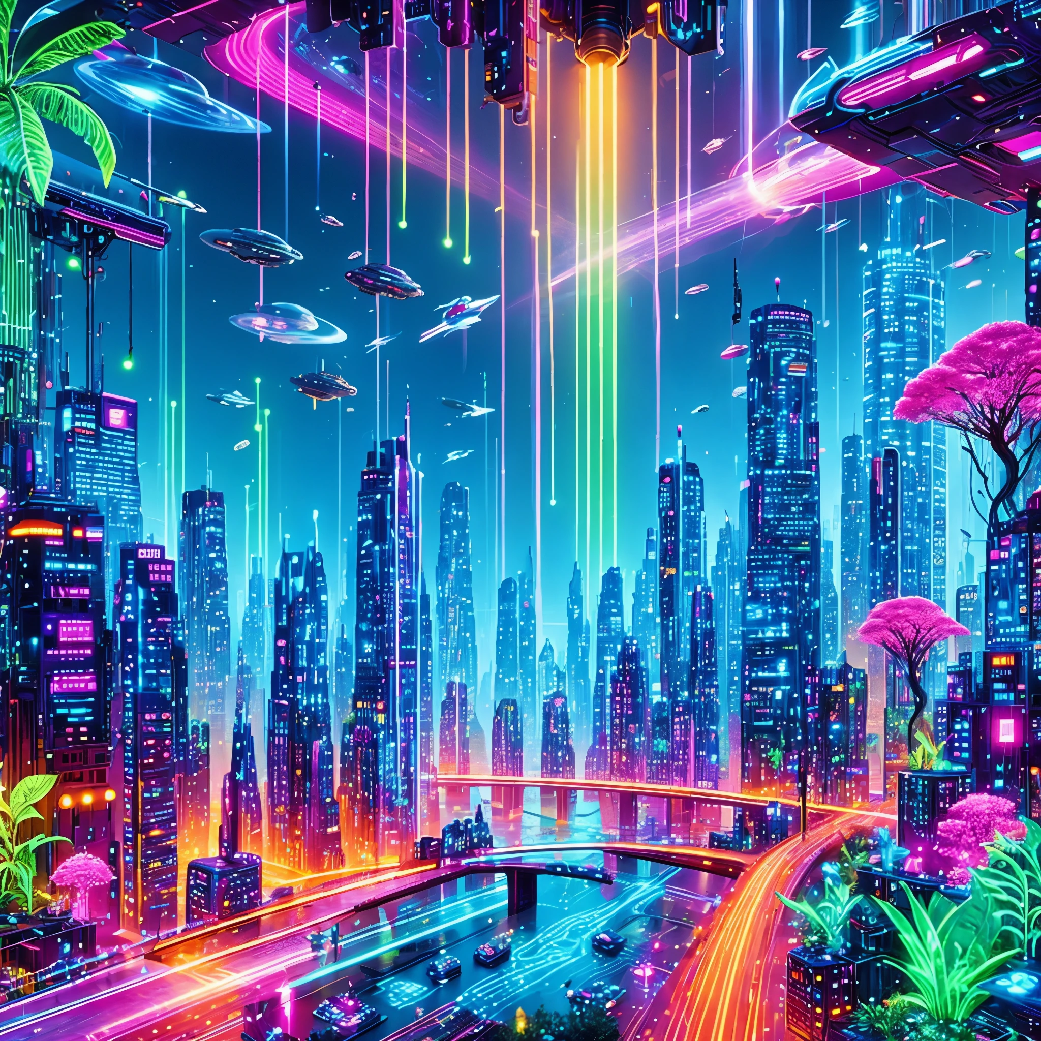 (masterpiece, best quality:1.2), A futuristic city illuminated by neon lights, with glowing plants, buildings that resemble circuit boards, roads flowing with liquid light, and colorful beams of light and spaceships in the sky.