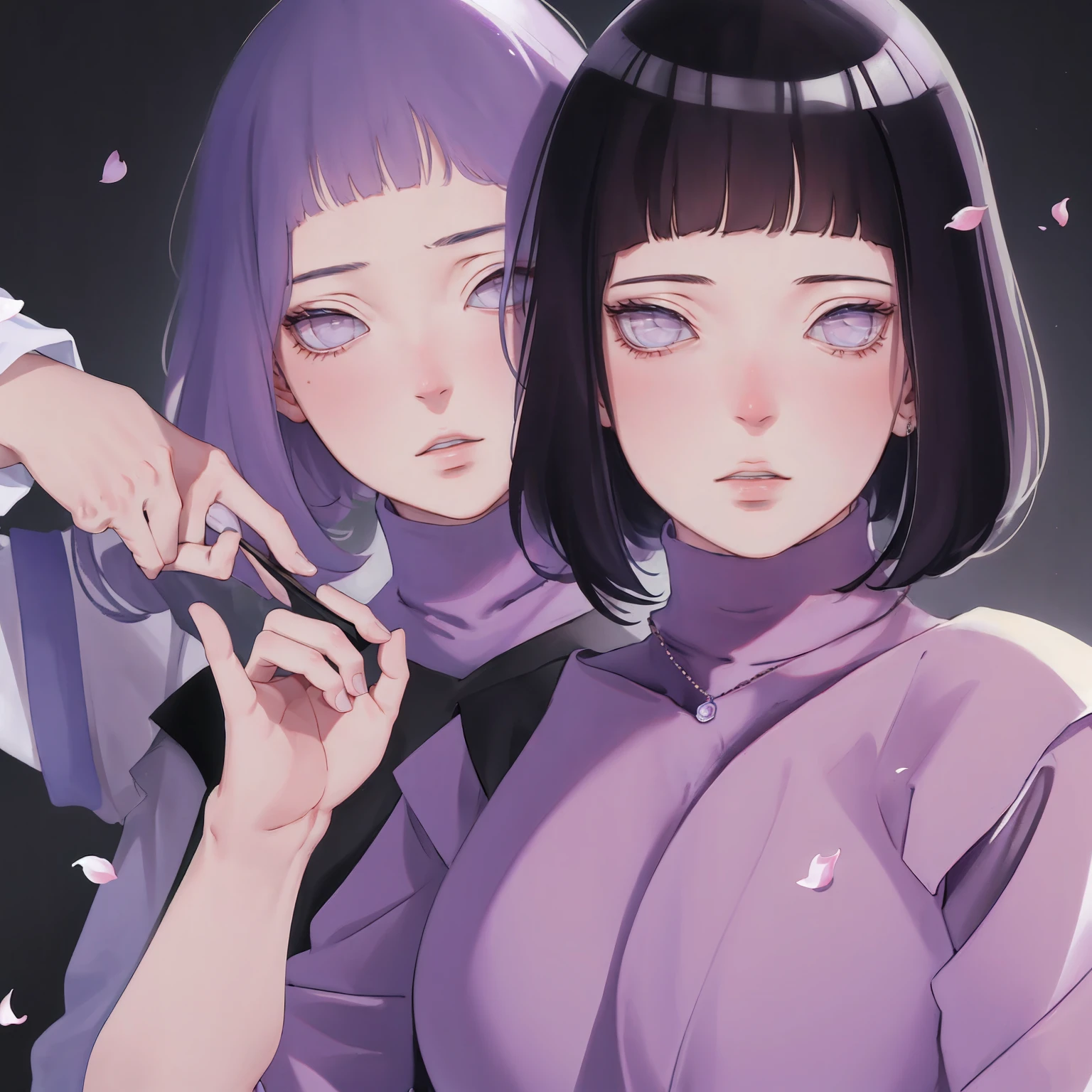 { - anatomy error} (Masterpiece - Ultra-detailed, very high resolution) (huge titusty, masterpiece, absurdres, hinata\(boruto\), 1girl, solo,mature female, lilac turtleneck blouse, pant, looking at viewelling petals), perfect composition, detailed lips, big breast, beautiful face, body propotion, blush, (pink lips), short hair, (black hair), purple eyes, soft gaze, super realistic, detailed, photoshoot, realistic face and body, closed mouth, walking on the floor , lilac eyes, upper body, ridden hands, perfect fingers