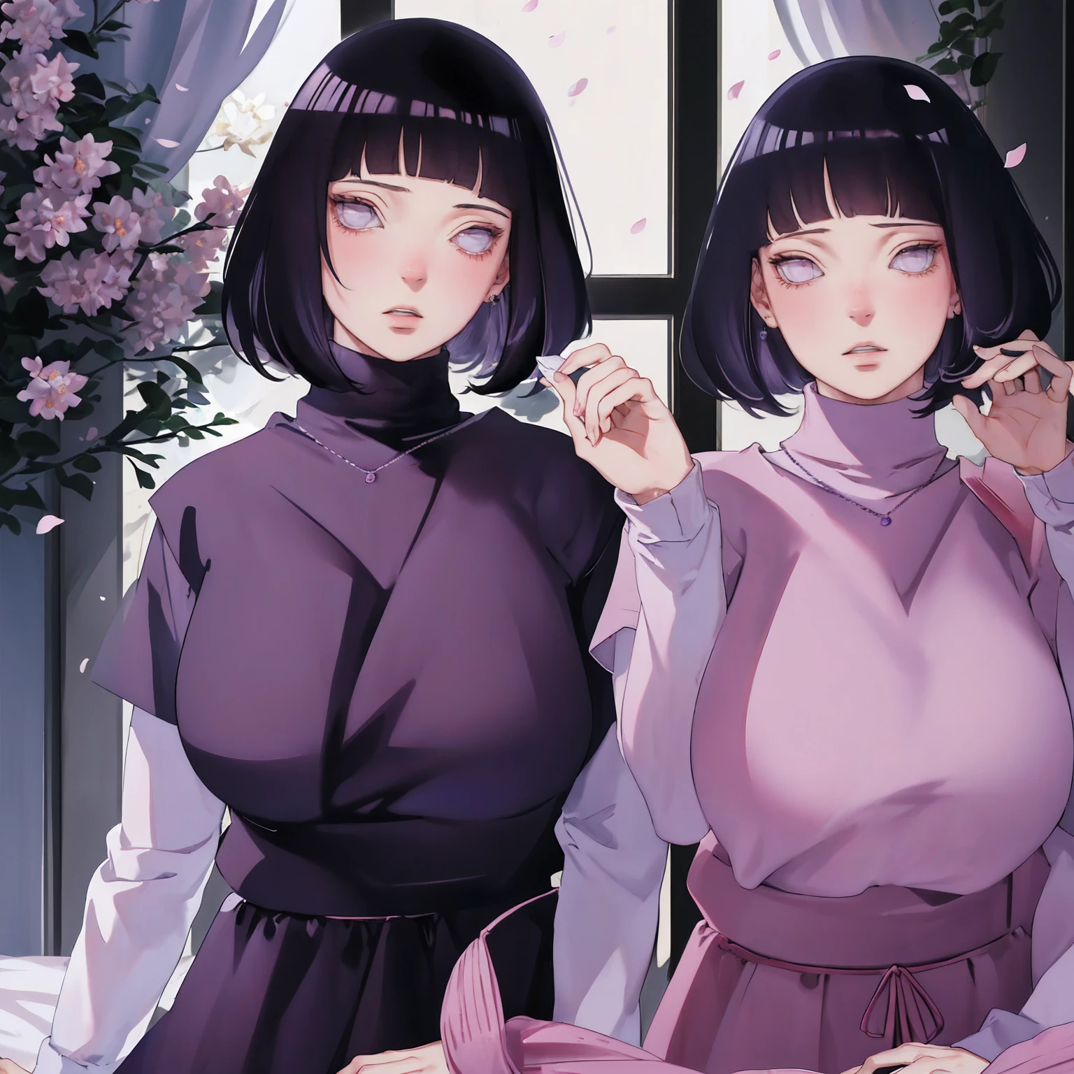 { - anatomy error} (Masterpiece - Ultra-detailed, very high resolution) (huge titusty, masterpiece, absurdres, hinata\(boruto\), 1girl, solo,mature female, off-shoulder bra, high waist black short skirt, looking at viewelling petals), perfect composition, detailed lips, big breast, beautiful face, body propotion, blush, (pink lips), short hair, (black hair), purple eyes, soft gaze, super realistic, detailed, photoshoot, realistic face and body, closed mouth, sitting on the bed , lilac eyes, full body, lace clothes, with chin resting on shoulder, perfect fingers
