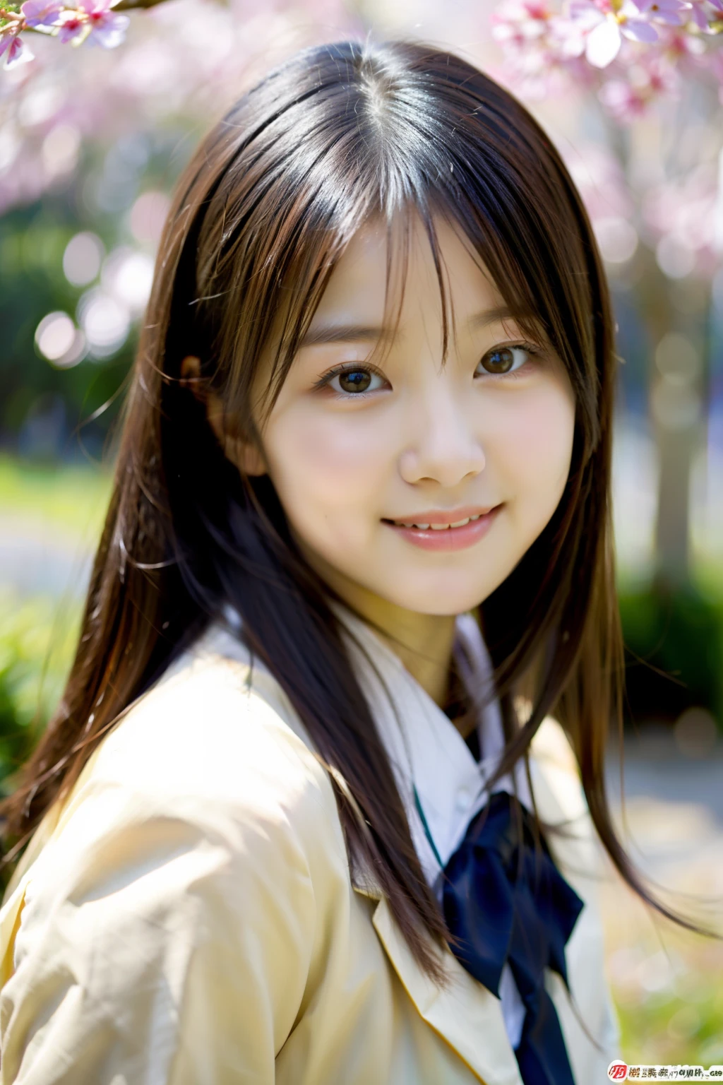 ulzzang-6500-v1.1,(8k、Raw photo、highest quality、masterpiece:1.2)、High resolution、wallpaper、(realistic、Photoreal:1.37)、face light、professional smooth lighting、japanese woman、20-year-old、Beautiful woman、action、sexy、super beautiful、Fine and beautiful skin、beautiful and detailed eyes、detailed face、slim waist、Beautiful long hair、black eyes、look at the camera、(fullshot:1.3)、floating hair、human body as a whole、Japanese high school uniform、high school girl、School zone、Cherry tree、red ribbon、Smile