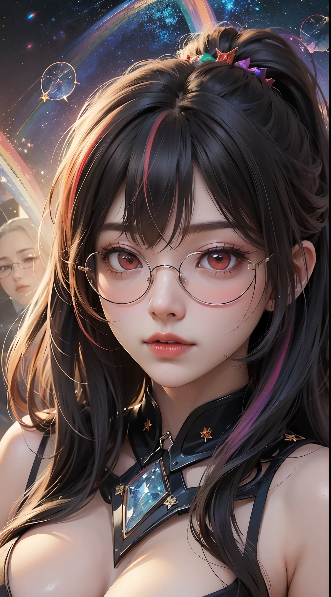 1名 27歳 woman, got it、(best illustrations)、8k UHD resolution、intricate details、最high quality、realistic、Super detailed、best lighting、best shadow、soft lighting、ultra hd、dungeon and Dragon、cave、dungeon、 necromancer、night、dark style、Succubus、devil'Daughter of、bat wings,(((デーモンホーンラック縁round glasses))))、(((big breasts)))、(devil'tail)、(red eyes shine:1.6)、masterpiece、beautiful features、Tyndall effect、realisticphotograph、(high detail skin:1.2)、8KUHD、Digital single-lens reflex camera、high quality、photograph、High resolution、 absurd、Ponytail distortion、Optimal ratio of 4 fingers and 1 thumb、1 girl、hair ornaments、真っ赤に輝くgemのネックレス、gem、beautiful expression、body up、big breasts emphasis、tight waist、wide ass、Tyndall effect、Photoreal、(high detail skin:1.2)、dark and mysterious version, lipstick red lips, thin and beautiful lips, Don'Don'Don'don't laugh, please keep your mouth shut, Characters created by Karol Baku and Pino Denis, intricate details, detailed background, very detailed, magic of light, woman, cute face, ((((giant glasses, otaku glasses, thick glasses, round glasses))))、 looking at the Upper body of the goddess , round chest, big and round chest, phoenix hair brooch, long hair with bangs, (Long hair has seven colors like a rainbow:1.9), Beautifully detailed face and well-proportioned eyes, (Crystal clear red eyes: 1.8), Big round eyes and very beautiful and detailed makeup, Visionary, long silk nightgowns, mysterious makeup, ブresponseレット, I dyed the side bangs light yellow...., Upper body, (goddess Upper body: 1.8), hanging arms, リアルで鮮やかなphotograph, (stars that make up : 1.7), ( Space-time portal of sky and imagination: 1.8), fiction art, RAWphotograph,黒い着物のphotograph, 最高のphotograph , expensive_response, 最high quality, 最高のphotograph, 8K quality, 8k ultra , surrealism, 最も経済的な本物のphotograph, Artistic portrait of 12 signs, Symbol of one of the 12 signs on the reverse side, 12 Portrait of the Goddess, 最もrealistic配色, 最高のphotograph color, masterpiece, hair ornaments, ネックresponse, jewelry, beautiful face, Upper body, Tyndall effect, photographのようにリアルな, Dark studio, border light, two tone light, (fine skin) expensive: 1.2), 8k UHD, Digital single-lens reflex camera, soft light, expensive quality, volume light, Frank, photograph, expensive responseolution, 4K quality, 8k, Bokeh, smooth and sharp, 10x more pixels, Charming goddess, sexy goddess, (background space: 1.8), (milky way: 1.7), aurora, lightning, (auroraの背景: 1.8) <roller:crazy_perfect eyes_v1_from_v1_, beautiful goddess and flowers,