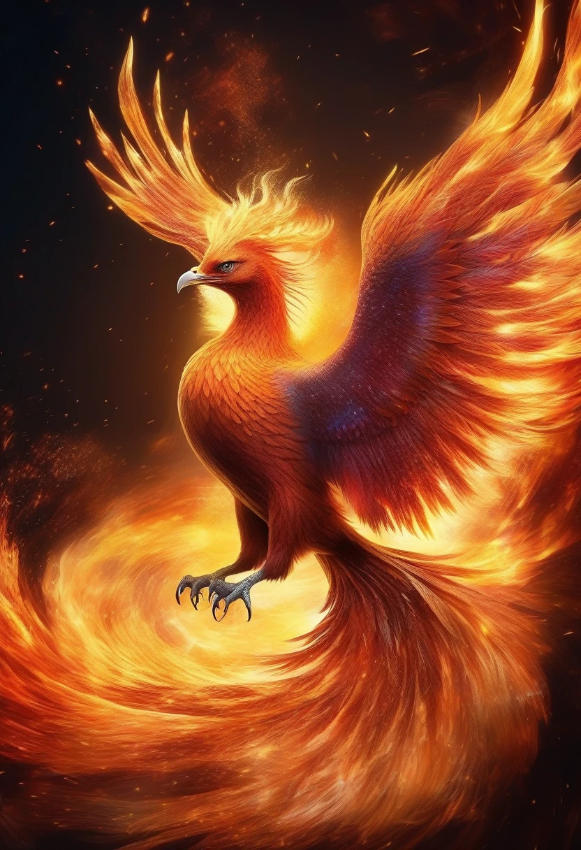 A majestic phoenix reborn from digital ashes in a blaze of holographic flames