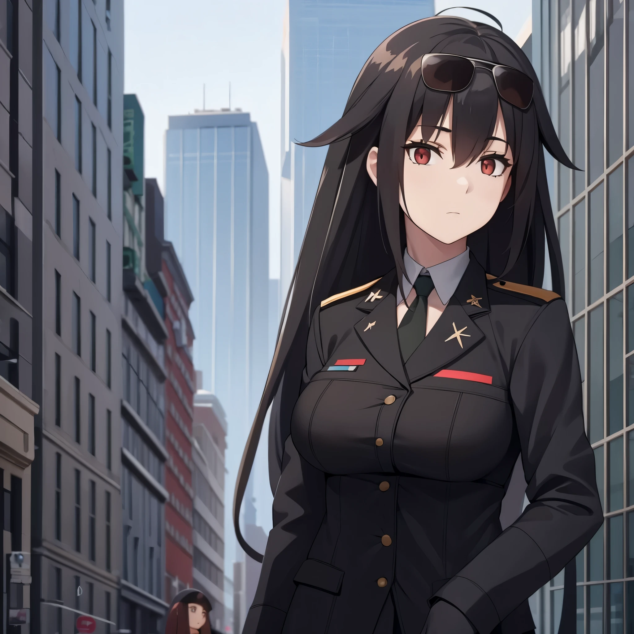 A woman wearing black military suit, long black hair, red eyes, cute face, big breasts, in a big city at day.
