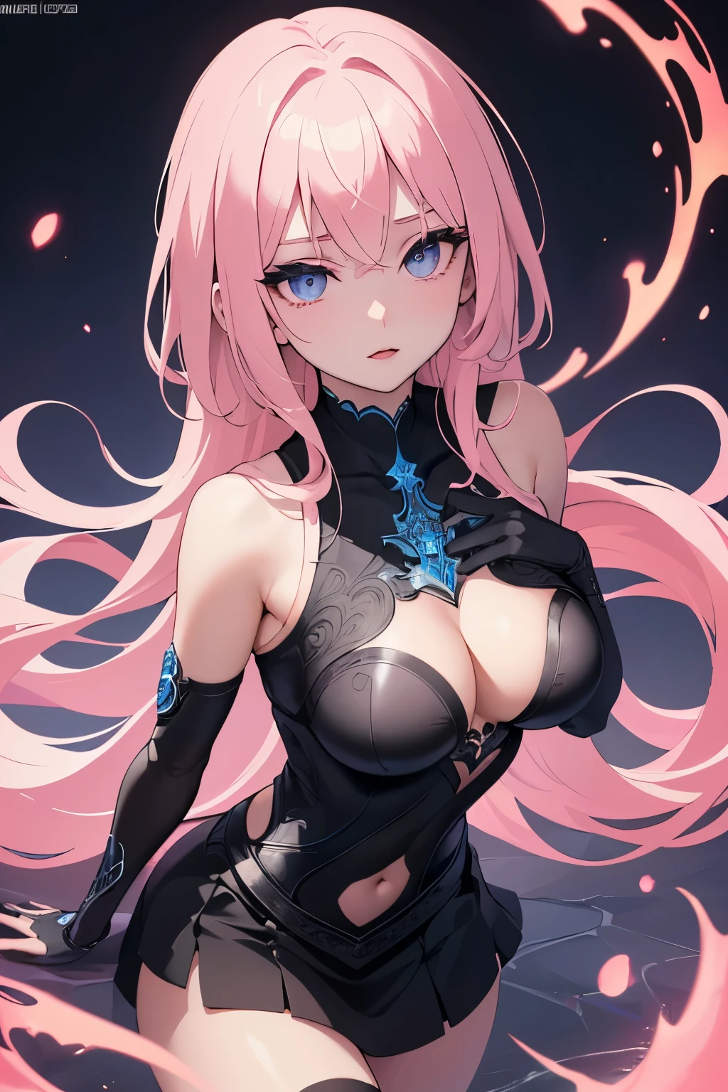 1girl, anime, cute girl, blank background, white background, fantasy, detailed fantasy dress with highlights, beautiful face, beautiful eyes, dark colors, pink hair with some streaks of blue strands, different color pupil in eye, medium small breasts (slightly big), slight cleavage, beautiful skin, cute, breast curtains, extremely delicate and beautiful, (beautiful detailed face:1.0), (detailed deep eyes), symmetrical breasts, deep eyes, shiny skin, portrait, slender waist, hips wider than shoulders, thighs, expressionless, young girl, luminous eyes, adorable,(Kpop idol),(aegyo sal:1),(Platinum blonde hair:1),((puffy eye)),Black panty,sexy posture,Superskirt, ultra high resolution,Black collar,slim figure, Abdominal y tattoo, womb tattoo,Tight-fitting leg ring,y tattoo on half-body,Bare skin, Armored hand,Hidden fingertips,Hand covered,Arm covered,Fist covered,{{beautiful detailed fingers}}, tufts of hair, moderate beautiful breast:1.0,(masterpiece:1.2), best quality, high-res, HDR, perfect face, intricate armor, delicate blue filigree, intricate filigree, red metalic parts, detailed part, dynamic pose, dynamic lights,