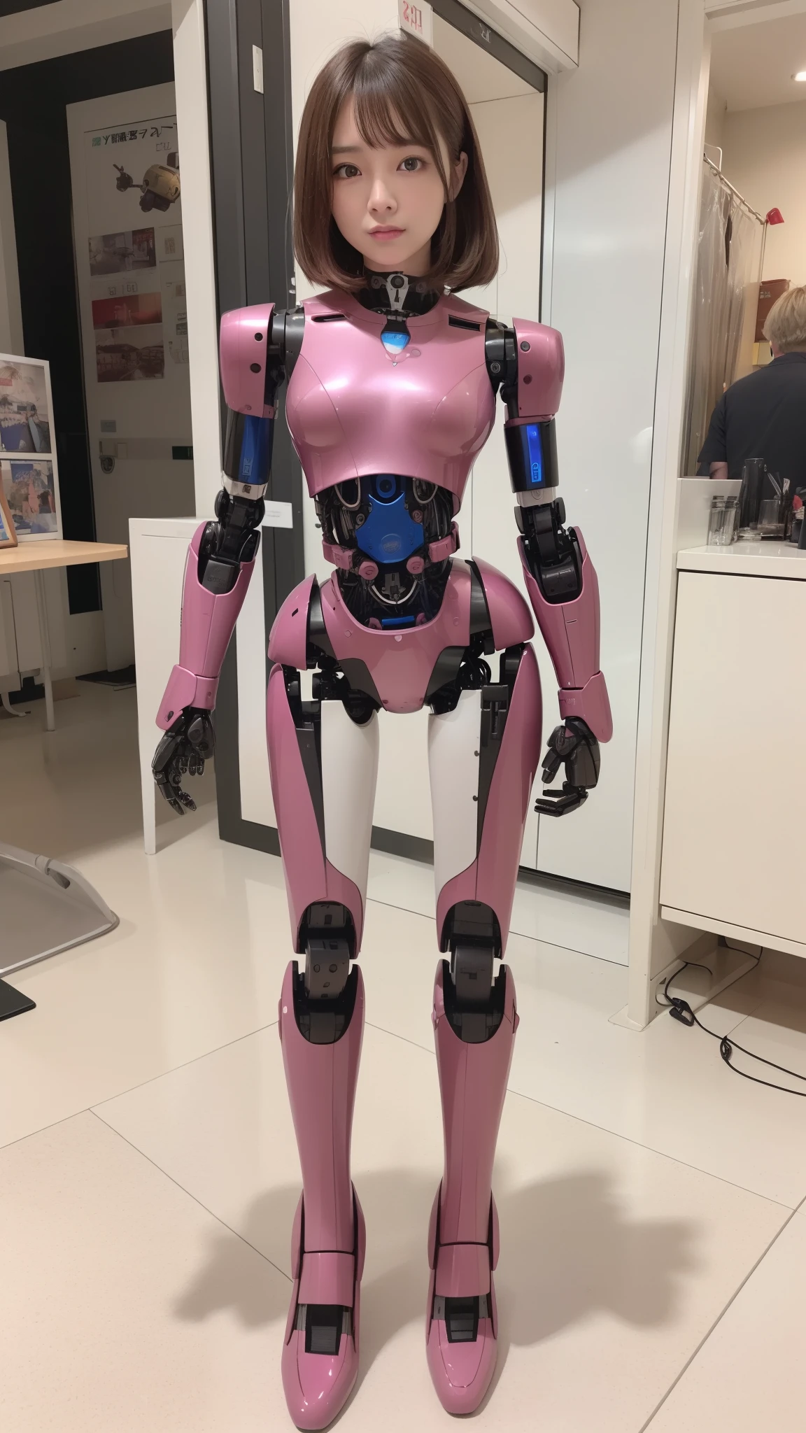 (Photorealsitic:1.4)、one robot woman、(top-quality)、(hyperdetailed face)、(Super well-formed face)、(Robot Parts)、(Female-Robot)、(25 years-old)、(Blue)、(pink there)、(Burgundy)、(metallic)、(full-body)、(sexy pose)、(Slender body)、(Model body type)、(full body mech)、(mechanical exposure)、(Akihabara)、(is looking at the camera)、(A brown-haired)、(Well-proportioned body)、(a small face)、(a small head)、(well-groomed fingers)、(Idol)、(front facing)、(Standing with legs open)、(Photo session)、(Looks sad)、(perfect-female-robot)、(perfect-mechanical-body)