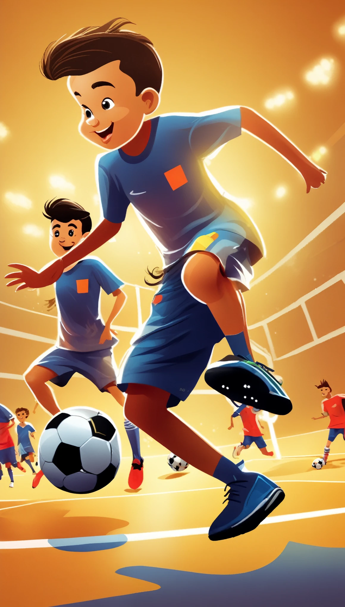 A cartoon children playing futsal，illustration style ， fundo sonhador，K, obra-prima, studio quality