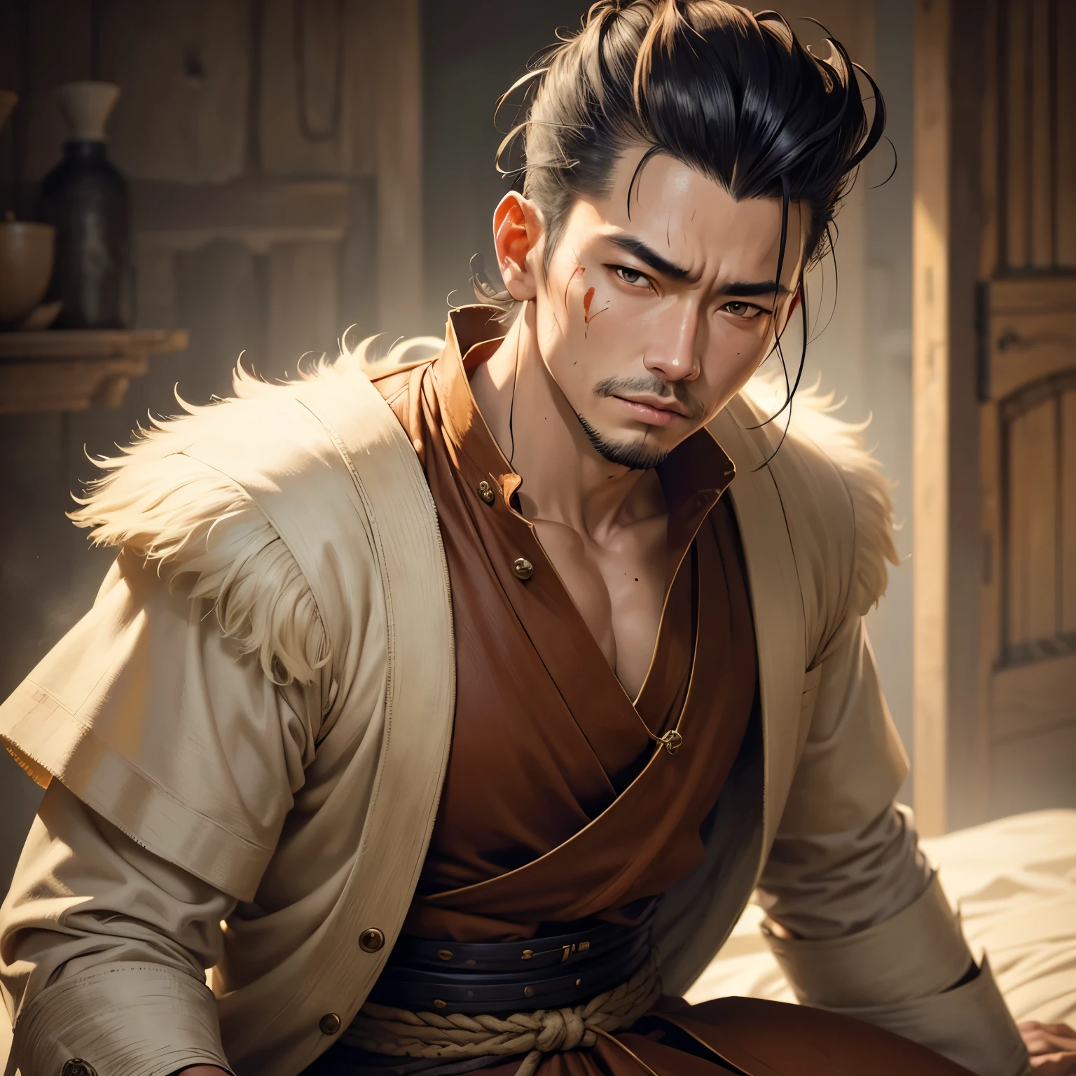 8k, masterpiece, best quality, realistic, higly detailed, cowboy shot, 1boy, solo, Nobutaka Osanai, hair styled in a bleached pompadour, narrow eyes, diagonal scar across his forehead, clothed, medieval, monk,