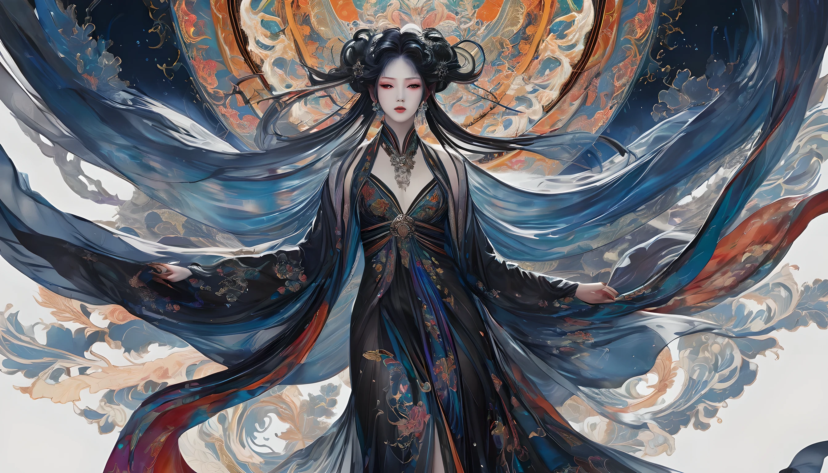A hauntingly elegant Venusian character in an anime is depicted with striking detail: flowing transparent robes contrasted against pallid, almost translucent skin, intricate dark tattoos winding around angular features. The image is a digitally rendered painting, showcasing vibrant colors and intricate details. Every aspect of the character exudes a sense of sophistication and morbidity, drawing viewers into the captivating world of this otherworldly being.