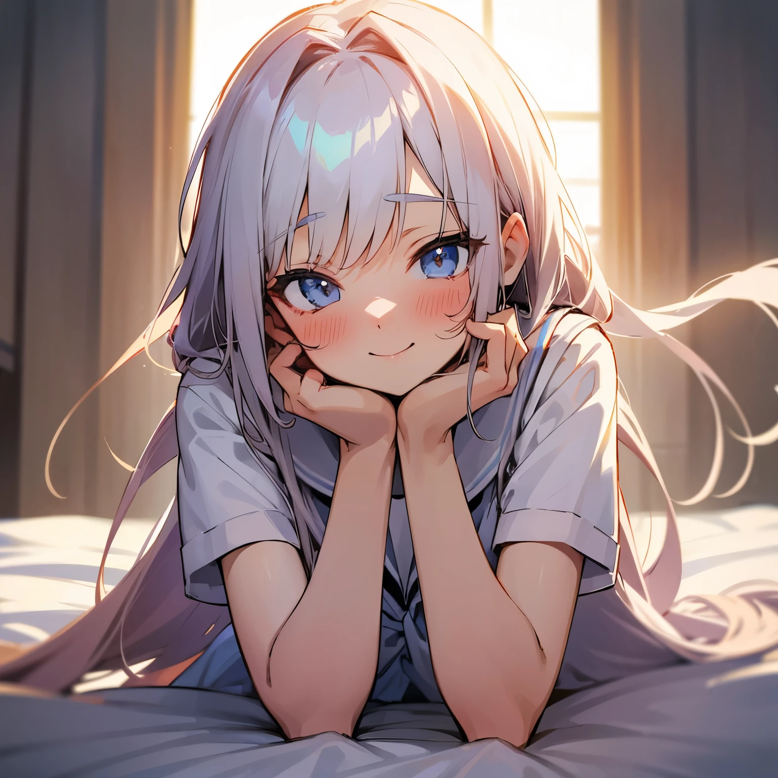 blone anime girl undressed in missionary position laying on bet long hair getting fucked blushes and smiles at viewer heart eyes hands tied