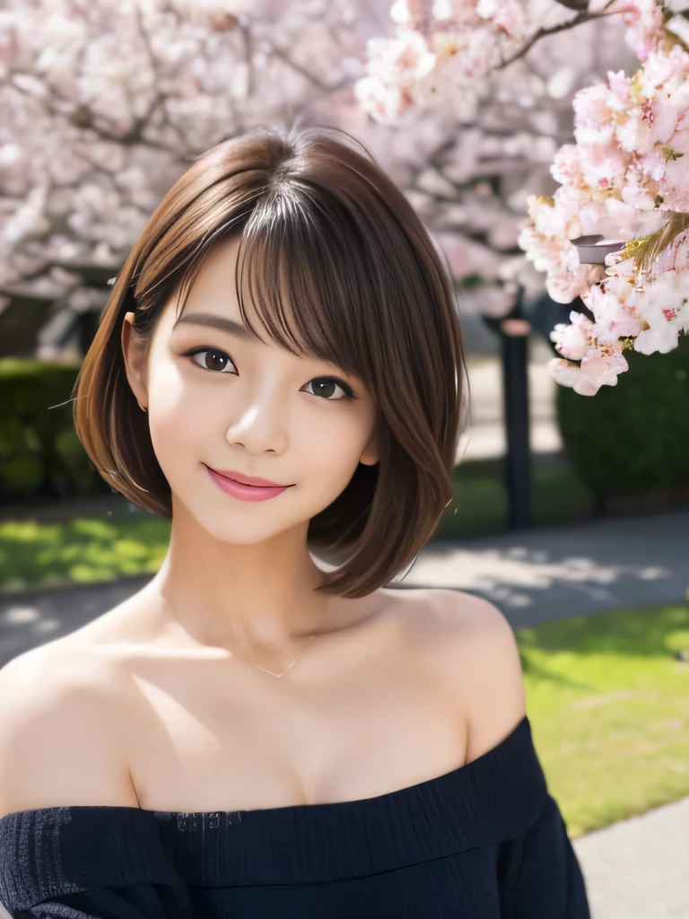 table top, highest quality, shape, Super detailed, finely, High resolution, 8k wallpaper, 完璧なダイナミックな構shape、Mature woman 27 years old cute girl、sweet girl、fiery idol pose、detailed face、Super detailedかわいい目、realistic lips、realistic and beautiful skin、shy smile、wavy brown short cut hair、small breasts、bold sexy pose、Sweater with one shoulder exposed、Park cherry blossoms、
