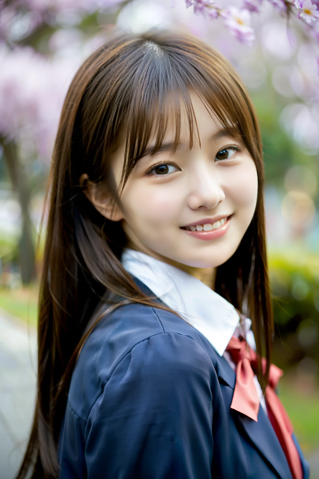 ulzzang-6500-v1.1,(8k、Raw photo、highest quality、masterpiece:1.2)、High resolution、wallpaper、(realistic、Photoreal:1.37)、face light、professional smooth lighting、japanese woman、20-year-old、Beautiful woman、action、sexy、super beautiful、Fine and beautiful skin、beautiful and detailed eyes、detailed face、slim waist、Beautiful long hair、black eyes、look at the camera、(fullshot:1.3)、floating hair、human body as a whole、Japanese high school uniform、high school girl、School zone、Cherry tree、red ribbon、Smile