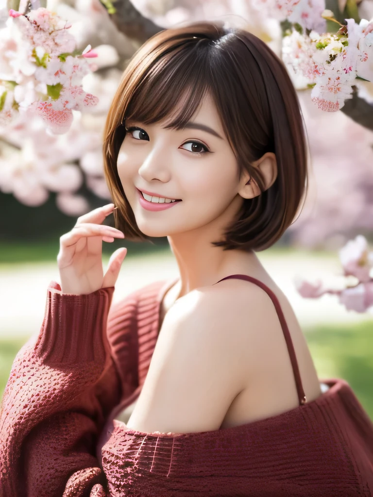 table top, highest quality, shape, Super detailed, finely, High resolution, 8k wallpaper, 完璧なダイナミックな構shape、Mature woman 27 years old cute girl、sweet girl、fiery idol pose、detailed face、Super detailedかわいい目、realistic lips、realistic and beautiful skin、shy smile、wavy brown short cut hair、small breasts、bold sexy pose、Sweater with one shoulder exposed、Park cherry blossoms、