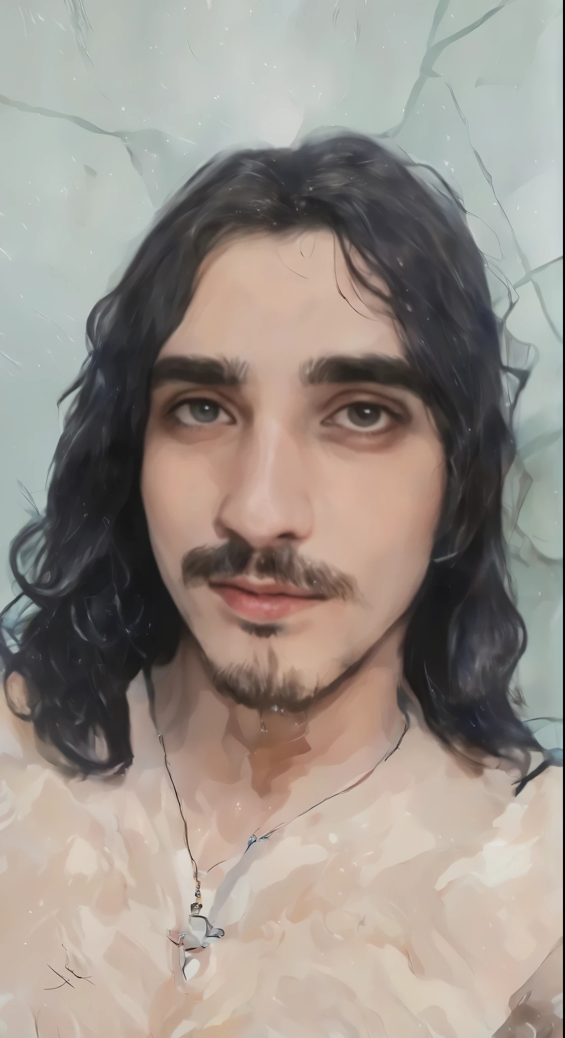 there is a man com cabelo comprido and a necklace in a shower, cerca de 19 anos, in oil painting style, imagem de qualidade muito baixa, Diego Dayer, imagem de perfil, Alexandre, foto frontal, cabelos oleosos, 23 anos, 27 anos de idade, com bigode, 28 anos de idade, com cabelo comprido, david rios ferreira 8k qualidade.