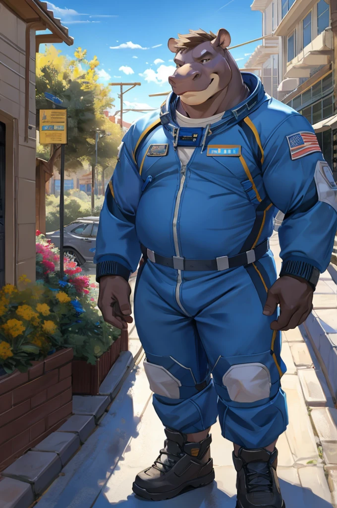 Solo, male, standing, street, hippo, blue military spacesuit, overweight, muscular, smirking, by chunie