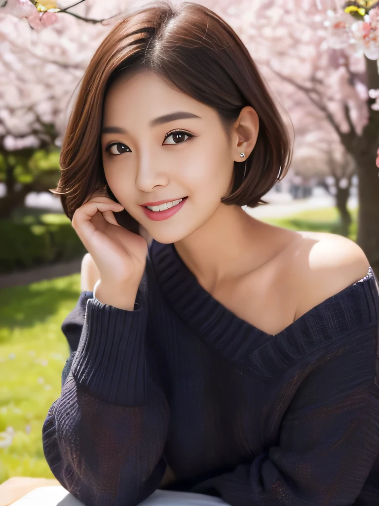 table top, highest quality, shape, Super detailed, finely, High resolution, 8k wallpaper, 完璧なダイナミックな構shape、Mature woman 27 years old cute girl、sweet girl、fiery idol pose、detailed face、Super detailedかわいい目、realistic lips、realistic and beautiful skin、shy smile、wavy brown short cut hair、small breasts、bold sexy pose、Sweater with one shoulder exposed、Park cherry blossoms、