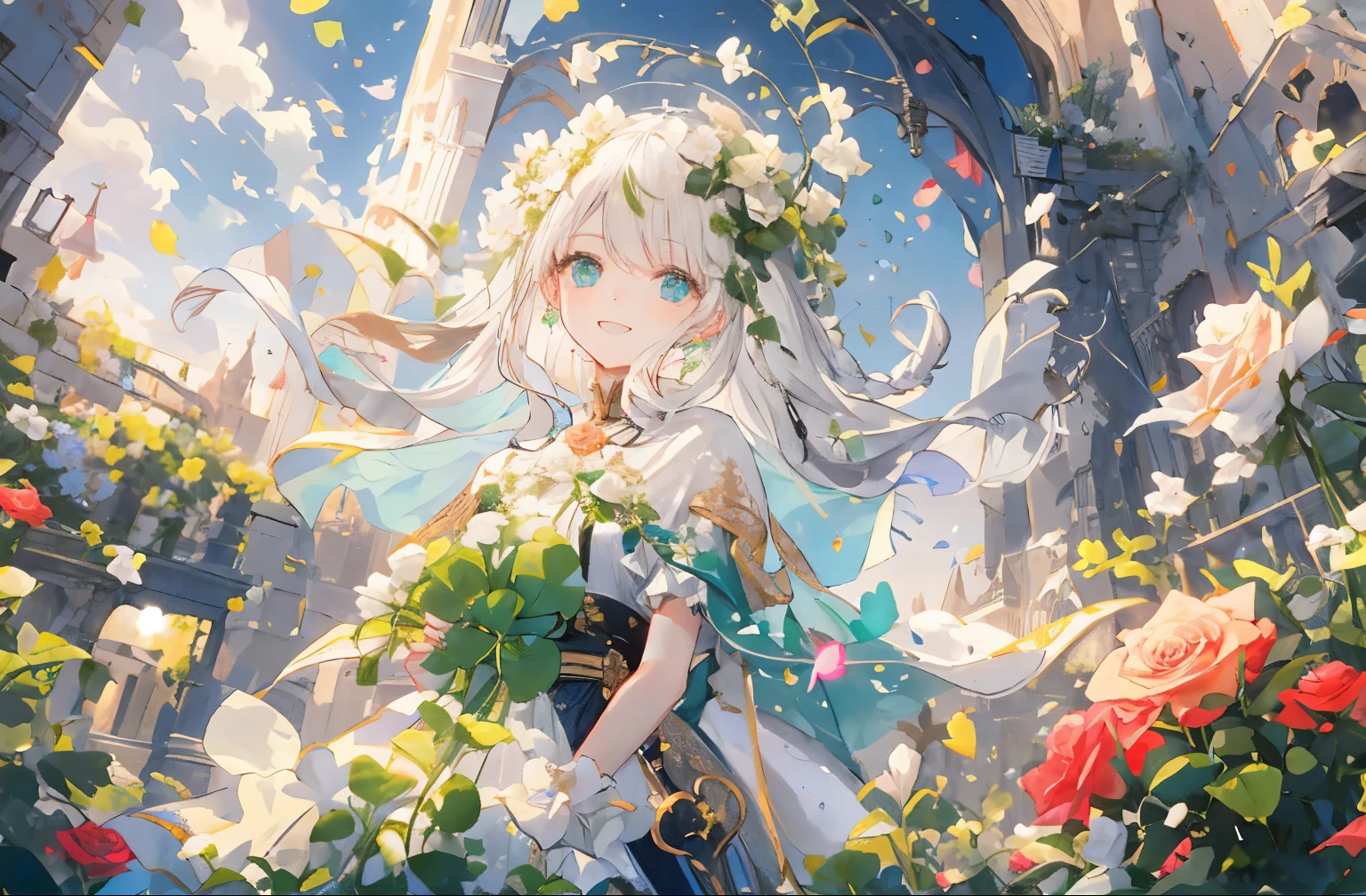 Masterpiece, green, shamrock, St. Patrick's Day, saint, wonderful flowers, beautiful garden, flying lights, sunrise, white hair, cape, white tower, (church), (royal castle), smile, prayer, love from the heart, white clover, hazel tree, rose, song, lyrics, angel halo,Rainbow in the sky,Swaying curtains, roses in hand,braided long hair,Clover in the sky