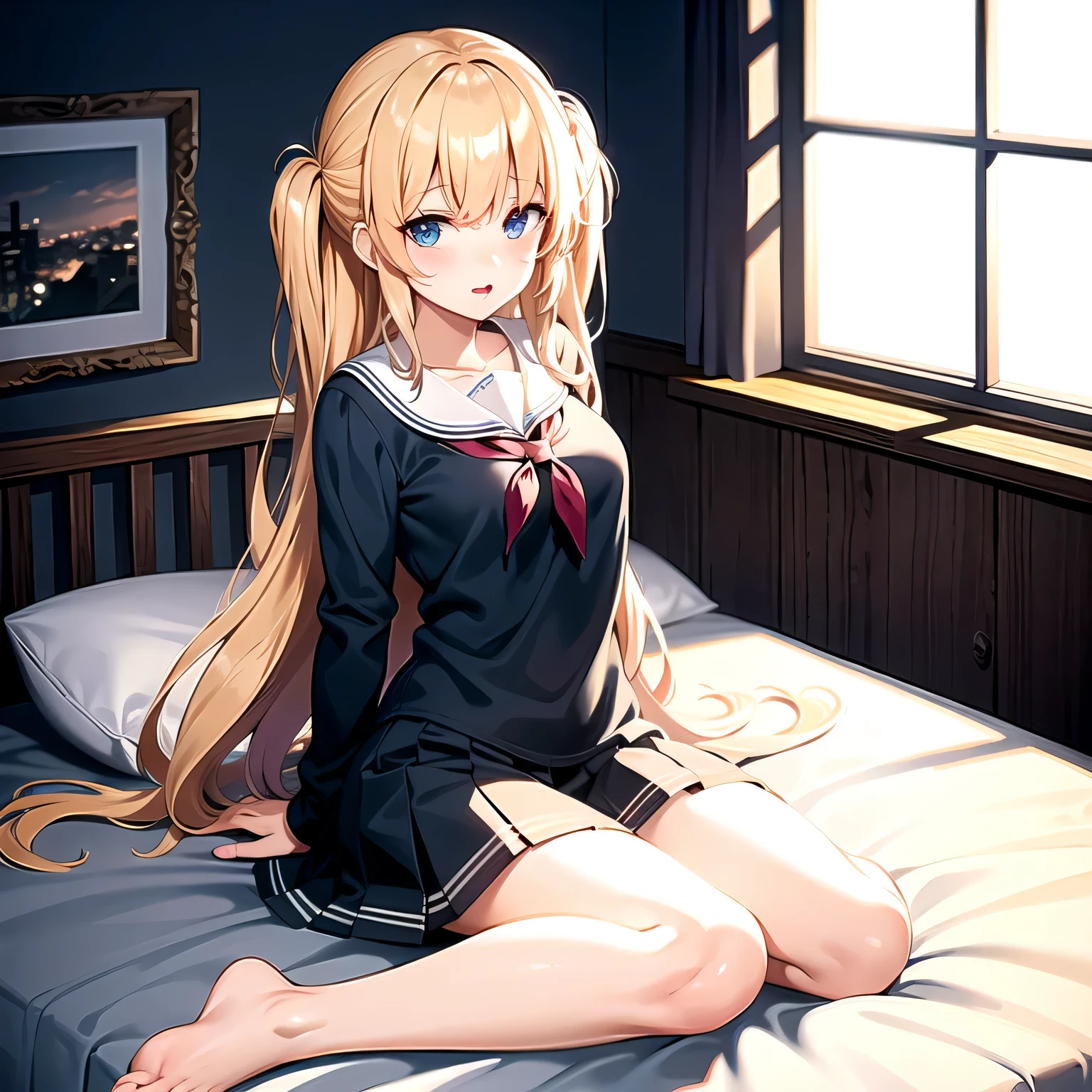 masterpiece, 8-year-old girl, best quality, Volumetric Lighting, Best Shadows,Portrait Of Stunningly Beautiful Girl, full body, 1girls,loli,Petit,flat_chest, Her panties are showing, (baggy serafuku), too-big serafuku, oversize Navy_blue serafuku with long sleeves, (Underwear worn by children), (Children's underwear), (cotton panties), (white panties), long blonde hair, wavy hair, navy_blue_socks,