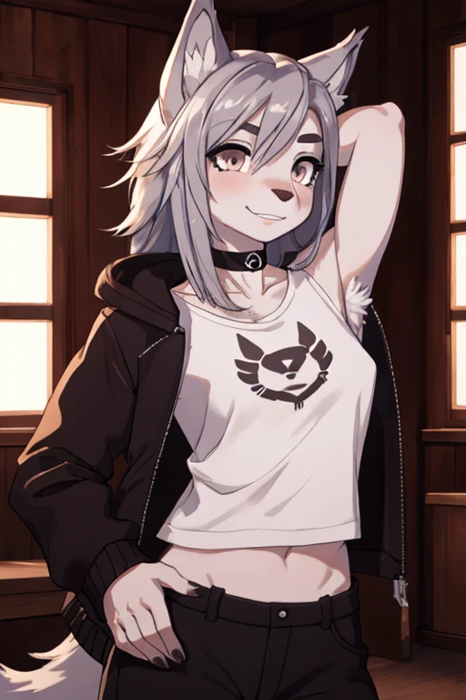 silver hair, wolf ears, wolf tail, small breasts, silver eyes, brown skin, mocking, left hand behind head, Putting your right hand on your hip, long slit eyes, long eyelashes, Wolf cut hair, Hairy hair, large amount of body hair, Hair grows all over the body, wearing an overjacket, Wearing a white cropped T-shirt, messy hair, inside the room, choker, large amount of armpit hair, thick eyebrows, cool, smile