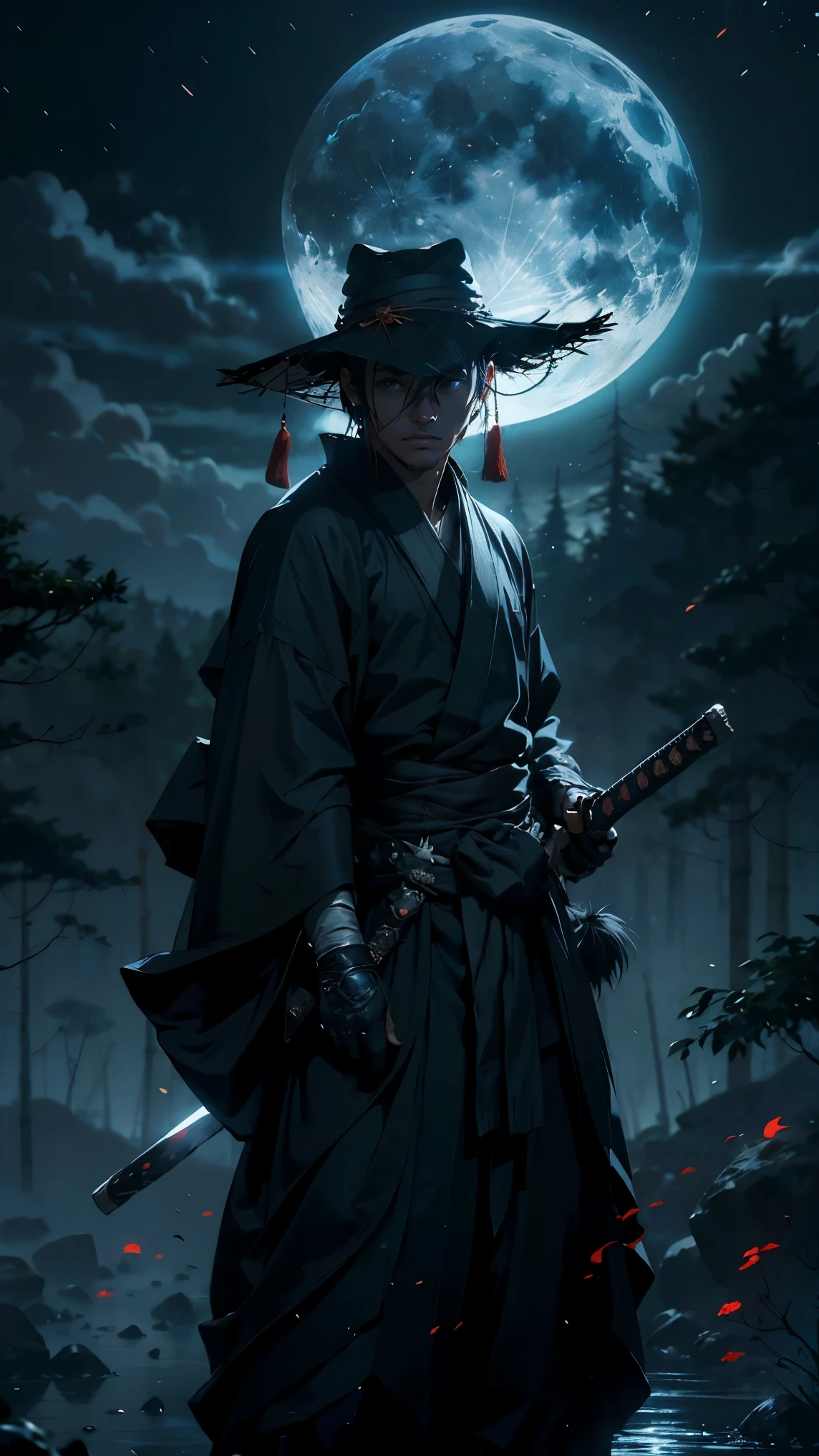 (Mejor calidad,ultra detallado),oscuro,wet,gotas de lluvia artificiales cayendo,ancient japanese warrior standing in the rain,japanese traditional bamboo hat(kasa),paisaje de bosque denso,naturaleza majestuosa y serena,luna llena brillando intensamente en el cielo nocturno,kimono negro con rayas rojas fluorescentes que brillan a la luz de la luna,espada samurai afilada y desenvainada(katana),