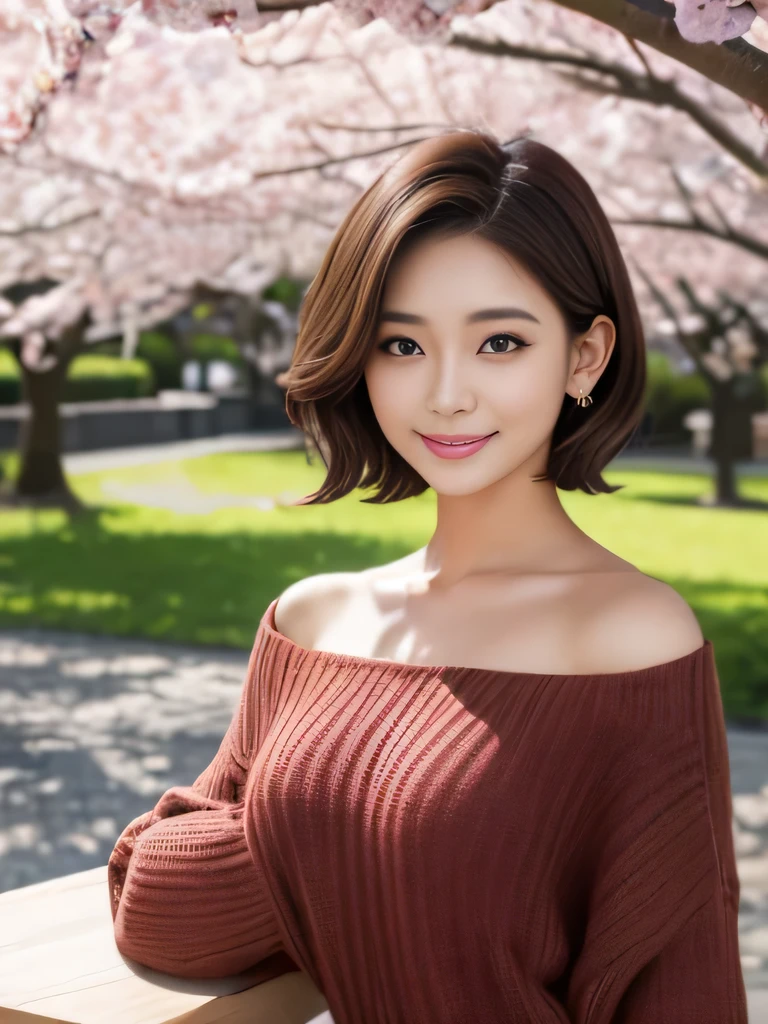 table top, highest quality, shape, Super detailed, finely, High resolution, 8k wallpaper, 完璧なダイナミックな構shape、Mature woman 27 years old cute girl、sweet girl、fiery idol pose、detailed face、Super detailedかわいい目、realistic lips、realistic and beautiful skin、shy smile、wavy brown short cut hair、small breasts、bold sexy pose、Sweater with one shoulder exposed、Park cherry blossoms、