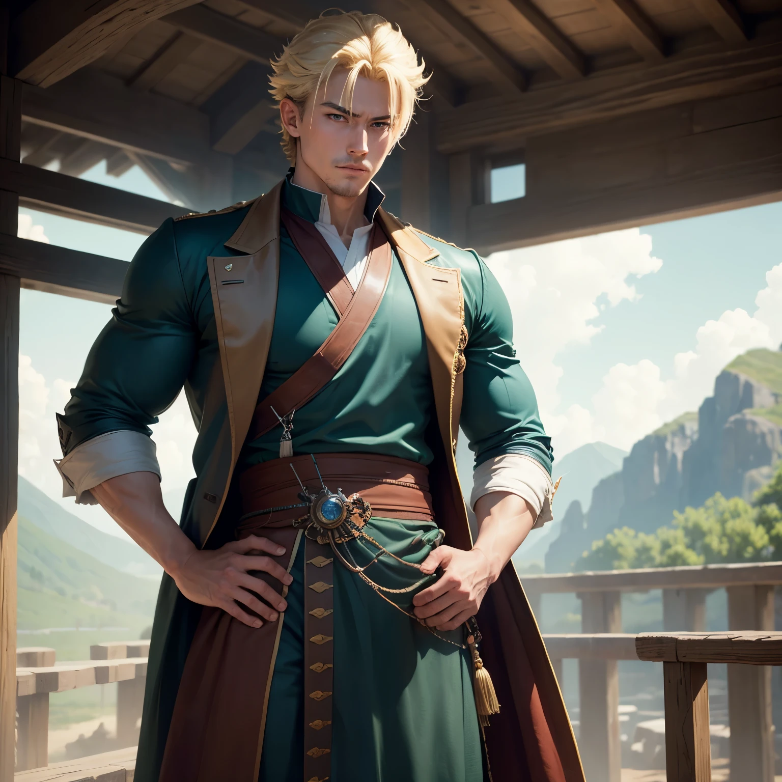 8k, masterpiece, best quality, realistic, higly detailed, cowboy shot, 1boy, solo, Yasuhiro Muto, man, above-average height, muscular build, firm turquoise eyes, bushy eyebrows, blond hair fashioned in a clean undercut, clothed, medeival, monk,