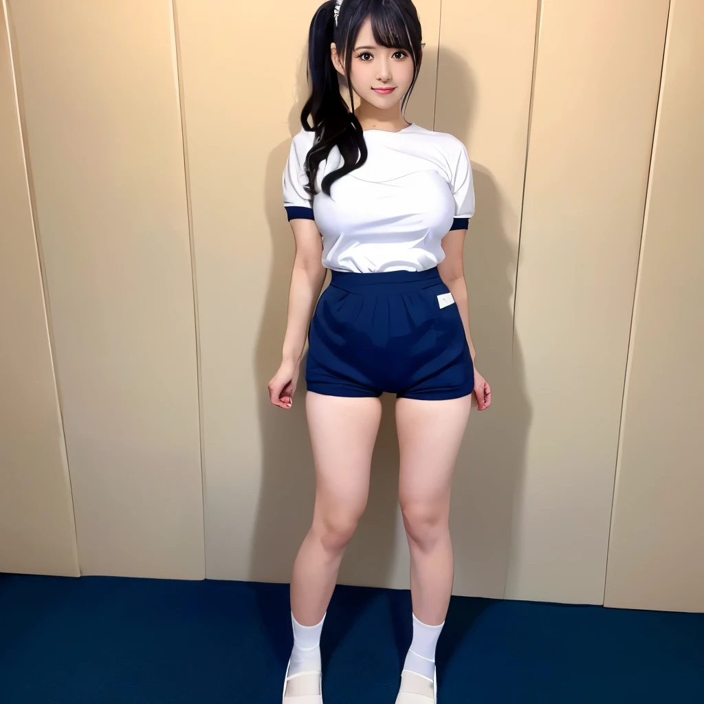 (white tightTshirt)),((Navy blue bloomers)) 、huge breasts、ponytail, japanese girl, 8K, ((full body shot)),shot from behind、Shooting from bottom to top、 highest quality, masterpiece, realistic, Photorealistic super detail, one girl, cute, best smile, beautiful eyes, long hair, perfect face,full body shot