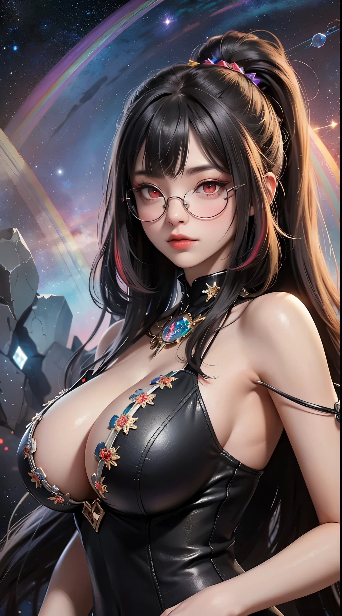 1名 27歳 woman, Understood、(best illustrations)、8k UHD resolution、intricate details、最high quality、realistic、Super detailed、best lighting、best shadow、soft lighting、ultra hd、dungeon and Dragon、cave、dungeon、 necromancer、night、dark style、Succubus、devil&#39;Daughter of、bat wings，(((デーモンホーンラック縁round glasses))))、(((big breasts)))、(devil&#39;tail)、(red eyes shine:1.6)、masterpiece、beautiful features、Tyndall effect、realisticphotograph、(high detail skin:1.2)、8KUHD、Digital single-lens reflex camera、high quality、photograph、High resolution、 absurd、Ponytail distortion、Optimal ratio of 4 fingers and 1 thumb、1 girl、hair ornaments、真っ赤に輝くgemのネックレス、gem、beautiful expression、body up、big breasts emphasis、tight waist、wide ass、Tyndall effect、Photoreal、(high detail skin:1.2)、dark and mysterious version, lipstick red lips, thin and beautiful lips, Don&#39;Don&#39;don&#39;t laugh, please keep your mouth shut, Characters created by Karol Baku and Pino Denis, intricate details, detailed background, very detailed, magic of light, woman, cute face, ((((giant glasses, otaku glasses, thick glasses, round glasses))))、 looking at the Upper body of the goddess , round chest, big and round chest, phoenix hair brooch, long hair with bangs, (Long hair has seven colors like a rainbow:1.9), Beautifully detailed face and well-proportioned eyes, (crystal clear red eyes: 1.8), Big round eyes and very beautiful and detailed makeup, Visionary, long silk nightgowns, mysterious makeup, ブresponseレット, I dyed the side bangs light yellow..., Upper body, (goddess Upper body: 1.8), hanging arms, リアルで鮮やかなphotograph, (stars that make up : 1.7), ( Space-time portal of sky and imagination: 1.8), fiction art, RAWphotograph,黒い着物のphotograph, 最高のphotograph , expensive_response, 最high quality, 最高のphotograph, 8K quality, 8K Ultra , surrealism, 最も経済的な本物のphotograph, Artistic portrait of 12 signs, Symbol of one of the 12 signs on the reverse side, 12 A Portrait of a Goddess, 最もrealistic配色, 最高のphotograph color, masterpiece, hair ornaments, ネックresponse, jewelry, beautiful face, Upper body, Tyndall effect, photographのようにリアルな, Dark studio, border light, two tone light, (fine skin) expensive: 1.2), 8k UHD, Digital single-lens reflex camera, soft light, expensive quality, volume light, Frank, photograph, expensive responseolution, 4K quality, 8k, Bokeh, smooth and sharp, 10x more pixels, Charming goddess, sexy goddess, (background space: 1.8), (milky way: 1.7), aurora, lightning, (auroraの背景: 1.8) <roller:crazy_perfect eyes_v1_from_v1_, beautiful goddess and flowers, 