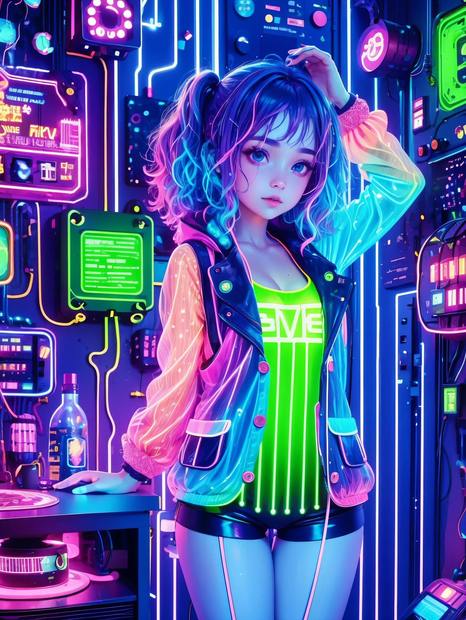 (Neon lights)，circuit boards，Colorful hair，luminescent colors，lamp，(1girl)，look at camera，(slime girl)，(flowy vest shorts:1.3)，towards the wall，big round eyes，cute，(UHD, masterpiece, ccurate, anatomically correct, textured skin, high details, high quality, award winning, 8k)