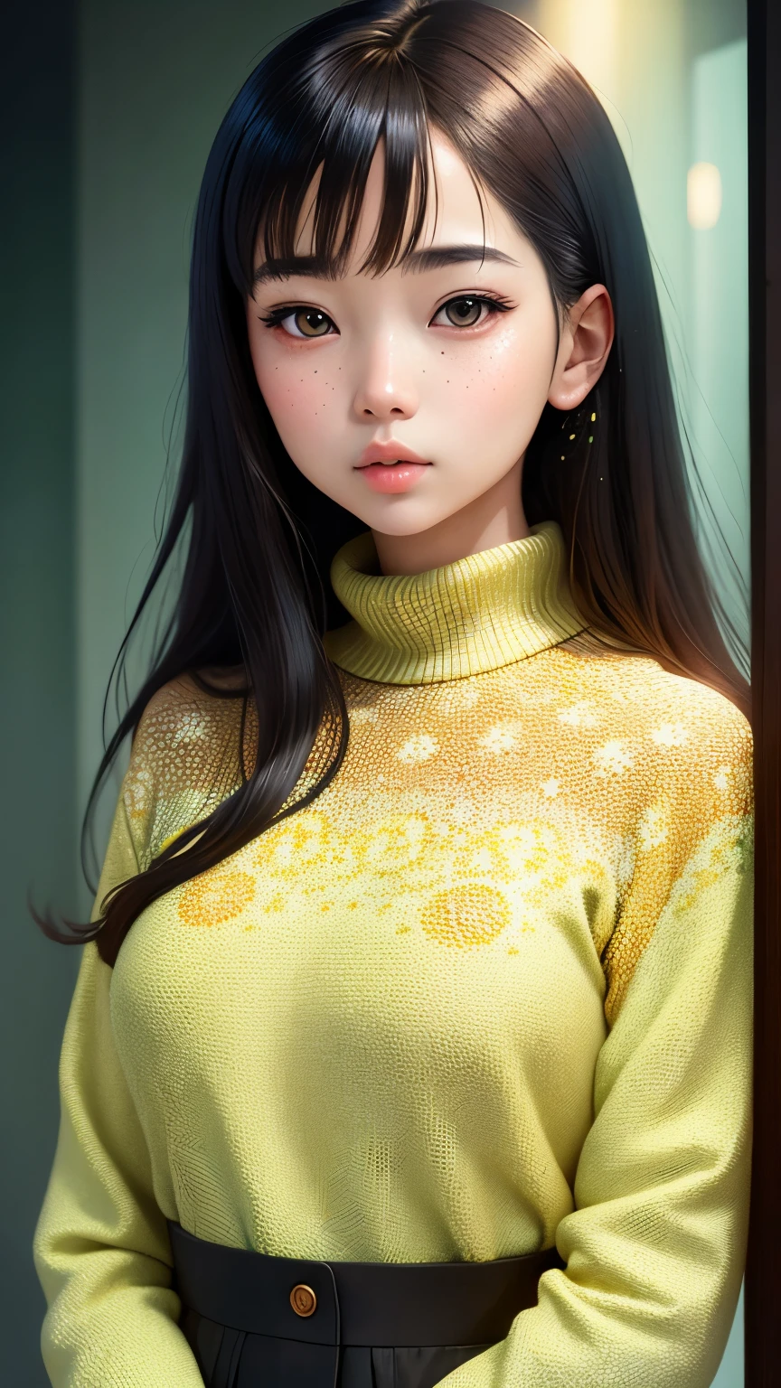 (masterpiece, best quality:1.2),illustration art,Kusama Yayoi's style,simple background,a beautiful girl,Skin detail processing,The eyes are very detailed,sweater,(((Speckled pattern))),green,blue,White,,black