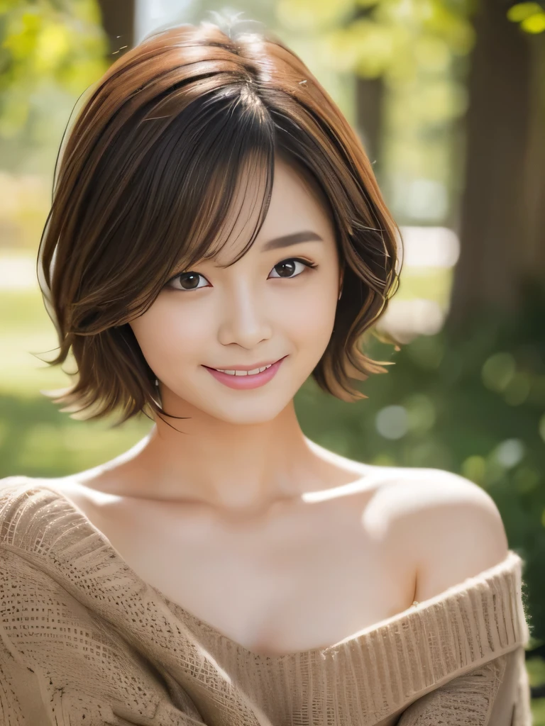table top, highest quality, shape, Super detailed, finely, High resolution, 8k wallpaper, 完璧なダイナミックな構shape、Mature woman 27 years old cute girl、sweet girl、fiery idol pose、detailed face、Super detailedかわいい目、realistic lips、realistic and beautiful skin、shy smile、wavy brown short cut hair、small breasts、bold sexy pose、Sweater with one shoulder exposed、nature&#39;green、