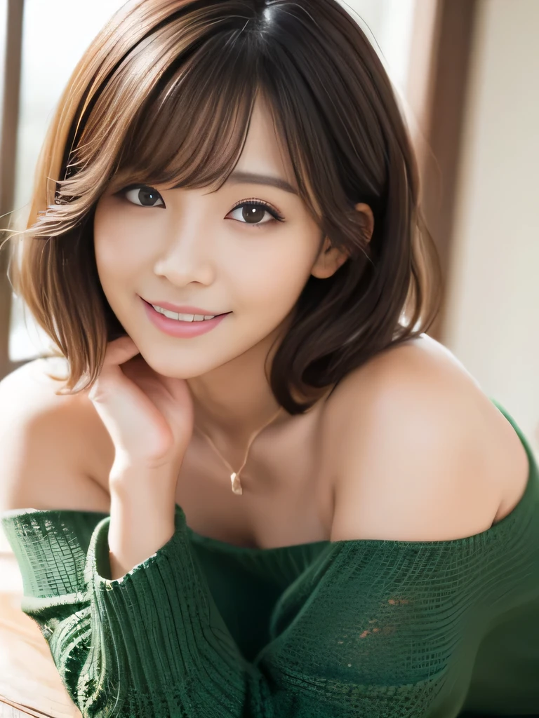 table top, highest quality, shape, Super detailed, finely, High resolution, 8k wallpaper, 完璧なダイナミックな構shape、Mature woman 27 years old cute girl、sweet girl、fiery idol pose、detailed face、Super detailedかわいい目、realistic lips、realistic and beautiful skin、shy smile、wavy brown short cut hair、small breasts、bold sexy pose、Sweater with one shoulder exposed、nature&#39;green、