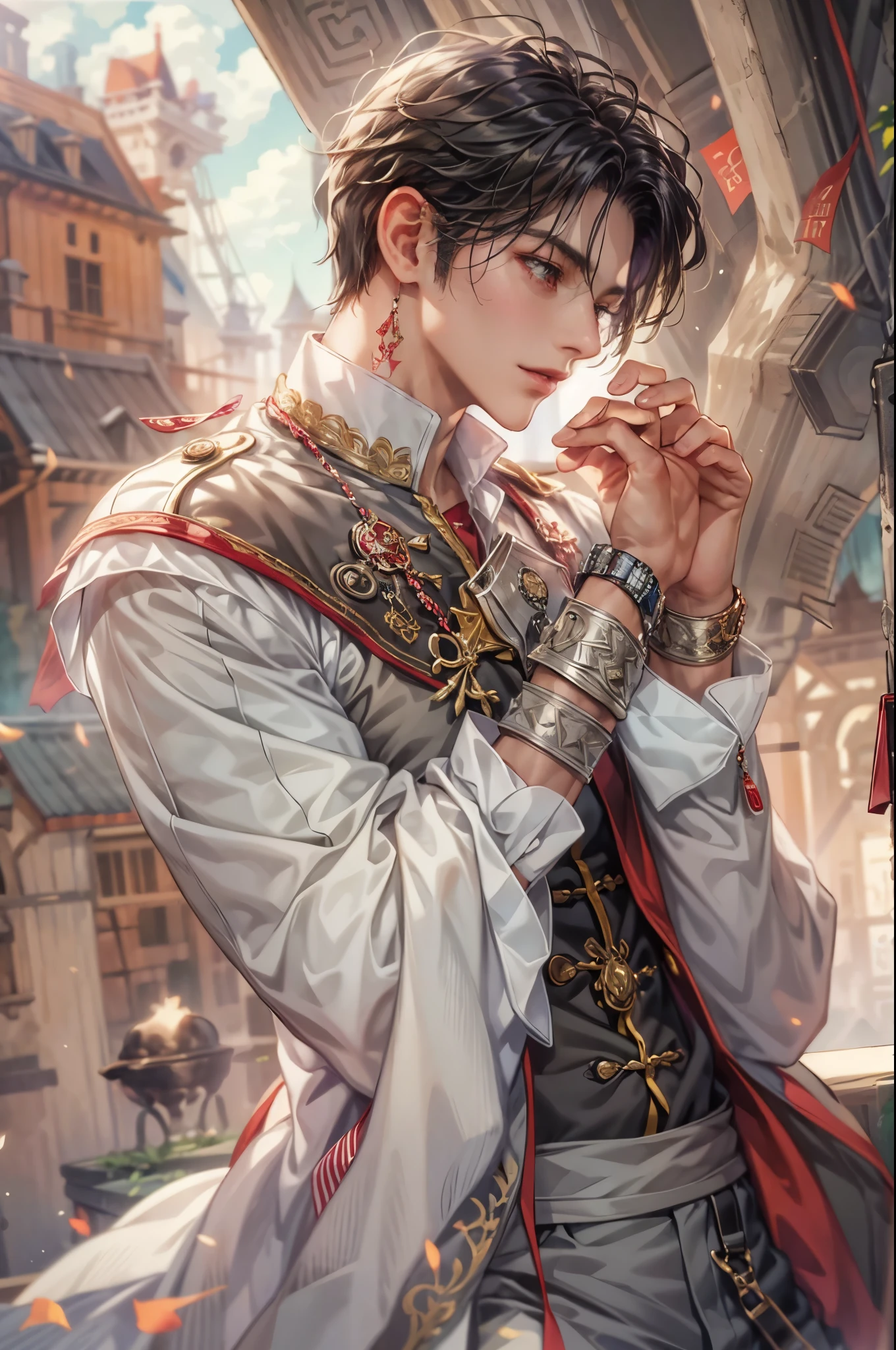 ((Best quality)), ((masterpiece)), (detailed), ((perfect face)), ((halfbody)) "Captivate the View: A Handsome Prince Reflecting on Life's Transitions from His Comfortable Window Perch"