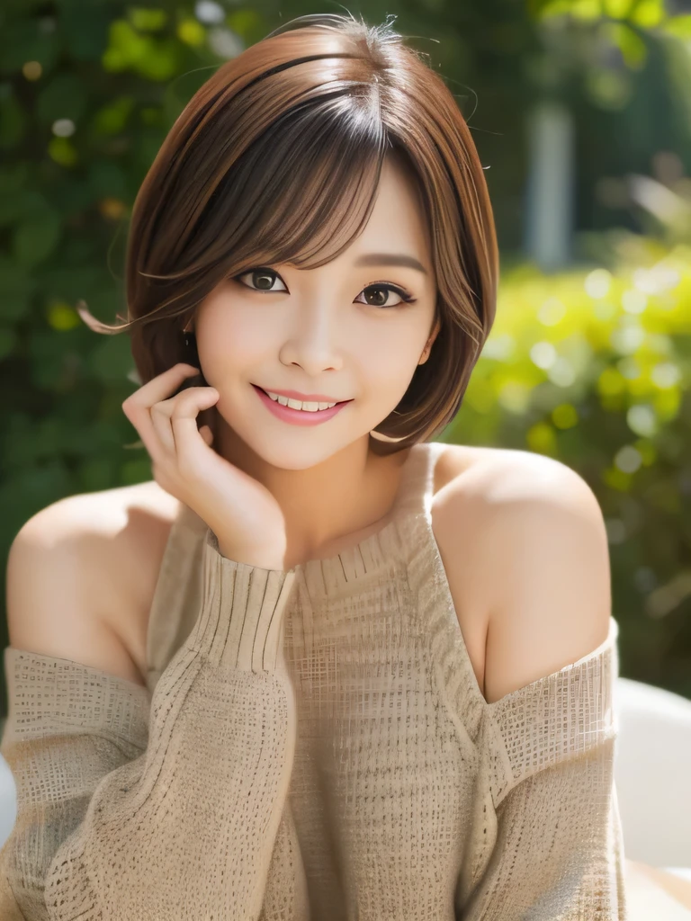 table top, highest quality, shape, Super detailed, finely, High resolution, 8k wallpaper, 完璧なダイナミックな構shape、Mature woman 27 years old cute girl、sweet girl、fiery idol pose、detailed face、Super detailedかわいい目、realistic lips、realistic and beautiful skin、shy smile、wavy brown short cut hair、small breasts、bold sexy pose、Sweater with one shoulder exposed、nature&#39;green、