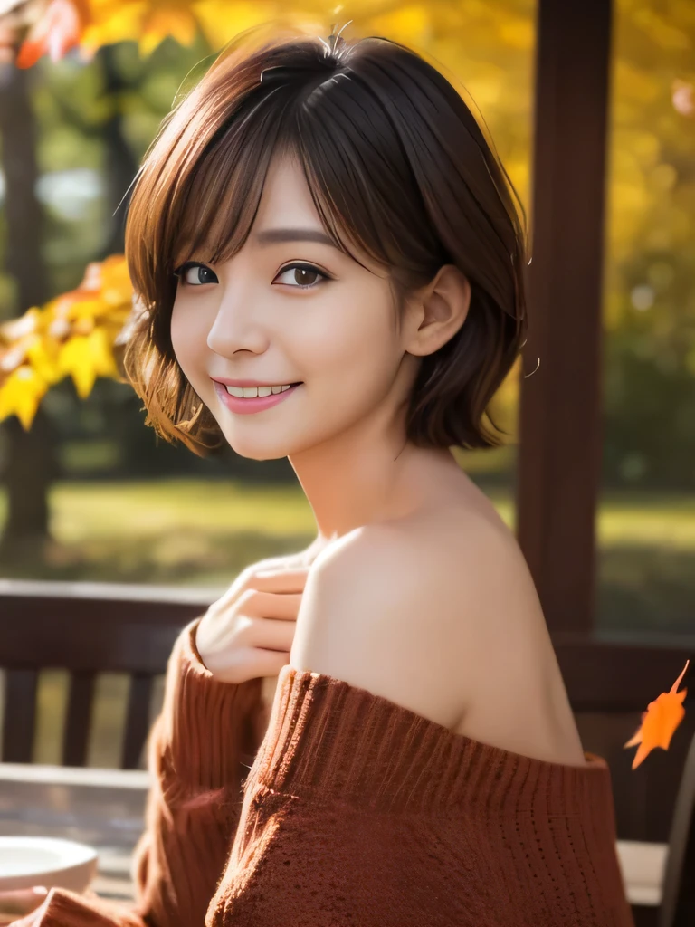table top, highest quality, shape, Super detailed, finely, High resolution, 8k wallpaper, 完璧なダイナミックな構shape、Mature woman 27 years old cute girl、sweet girl、fiery idol pose、detailed face、Super detailedかわいい目、realistic lips、realistic and beautiful skin、shy smile、wavy brown short cut hair、small breasts、bold sexy pose、Sweater with one shoulder exposed、red autumn leaves、