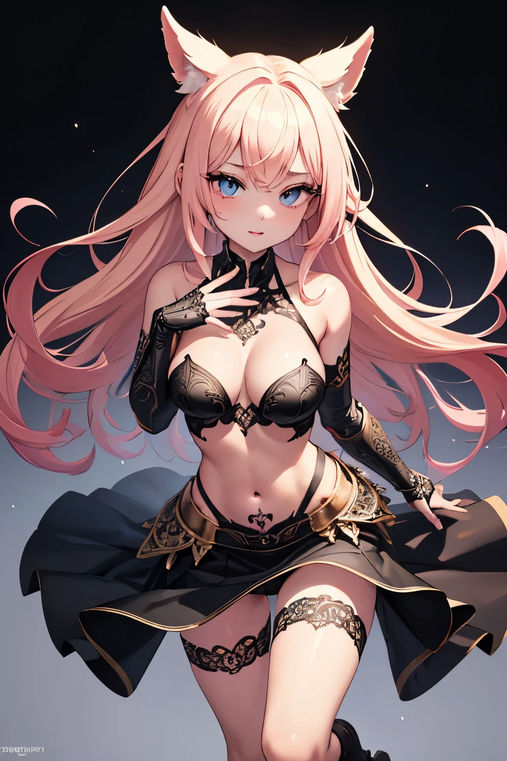 1girl, anime, cute girl, blank background, white background, fantasy, detailed fantasy dress with highlights, beautiful face, beautiful eyes, dark colors, pink hair with some streaks of blue strands, different color pupil in eye, medium small breasts (slightly big), slight cleavage, beautiful skin, cute, breast curtains, extremely delicate and beautiful, (beautiful detailed face:1.0), (detailed deep eyes), symmetrical breasts, deep eyes, shiny skin, portrait, slender waist, hips wider than shoulders, thighs, expressionless, young girl, luminous eyes, adorable，（Kpop idol）,（aegyo sal：1），（Platinum blonde hair：1），（（puffy eye）），Black panty，sexy posture，Superskirt, ultra high resolution，Black collar，slim figure, Abdominal y tattoo, womb tattoo，Tight-fitting leg ring，y tattoo on half-body，Bare skin, Armored hand，Hidden fingertips，Hand covered，Arm covered，Fist covered,{{beautiful detailed fingers}}, tufts of hair, moderate beautiful breast:1.0,(masterpiece:1.2), best quality, high-res, HDR, perfect face, intricate armor, delicate blue filigree, intricate filigree, red metalic parts, detailed part, dynamic pose, dynamic lights,