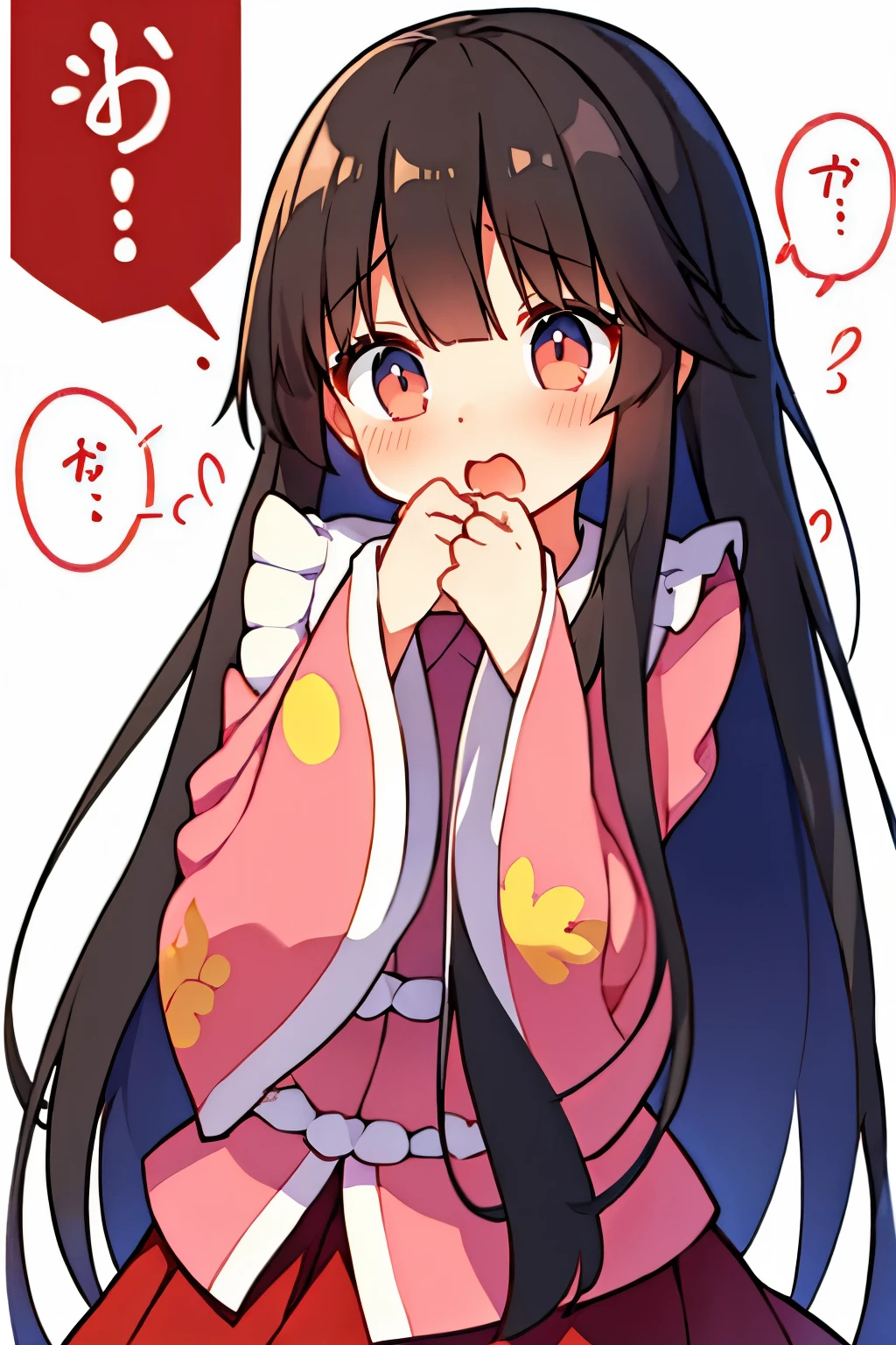 1 girl、black hair、long hair、red eye、skirt、wide sleeve、embarrassing、blush、surprised expression、open your mouth、pure white background