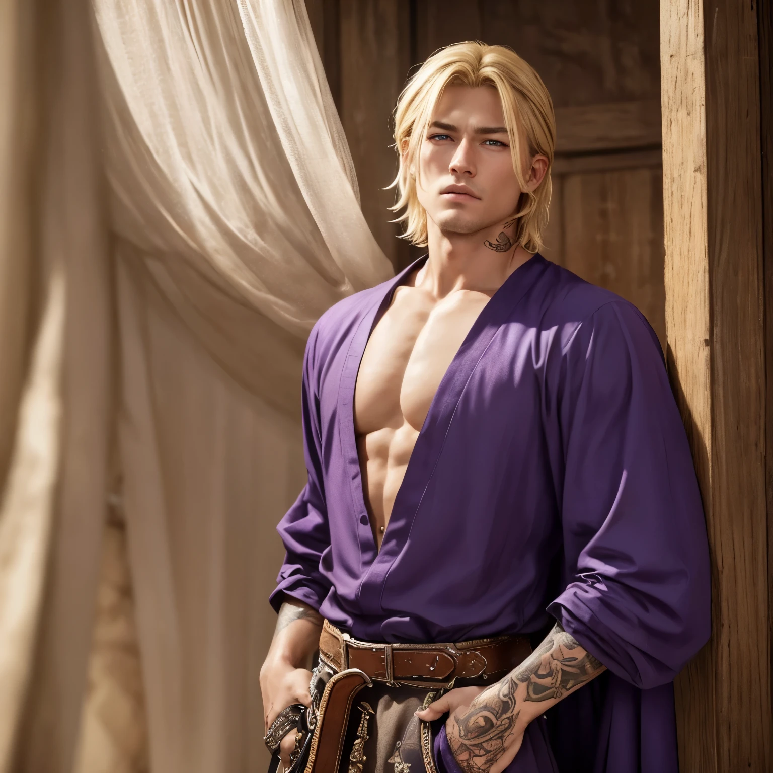 8k, masterpiece, best quality, realistic, higly detailed, cowboy shot, 1boy, solo, Rindo Haitani, average height man, lean build, neckline-length blond hair in a curtain style, purple downturned eyes, blond eyebrows, tattoo on right side of his back and chest, clothed, medieval, monk,