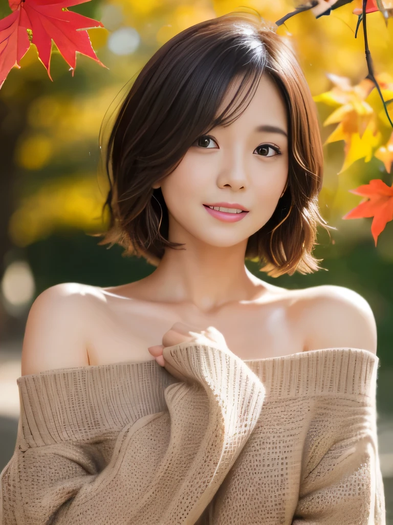 table top, highest quality, shape, Super detailed, finely, High resolution, 8k wallpaper, 完璧なダイナミックな構shape、Mature woman 27 years old cute girl、sweet girl、fiery idol pose、detailed face、Super detailedかわいい目、realistic lips、realistic and beautiful skin、shy smile、wavy brown short cut hair、small breasts、bold sexy pose、Sweater with one shoulder exposed、red autumn leaves、