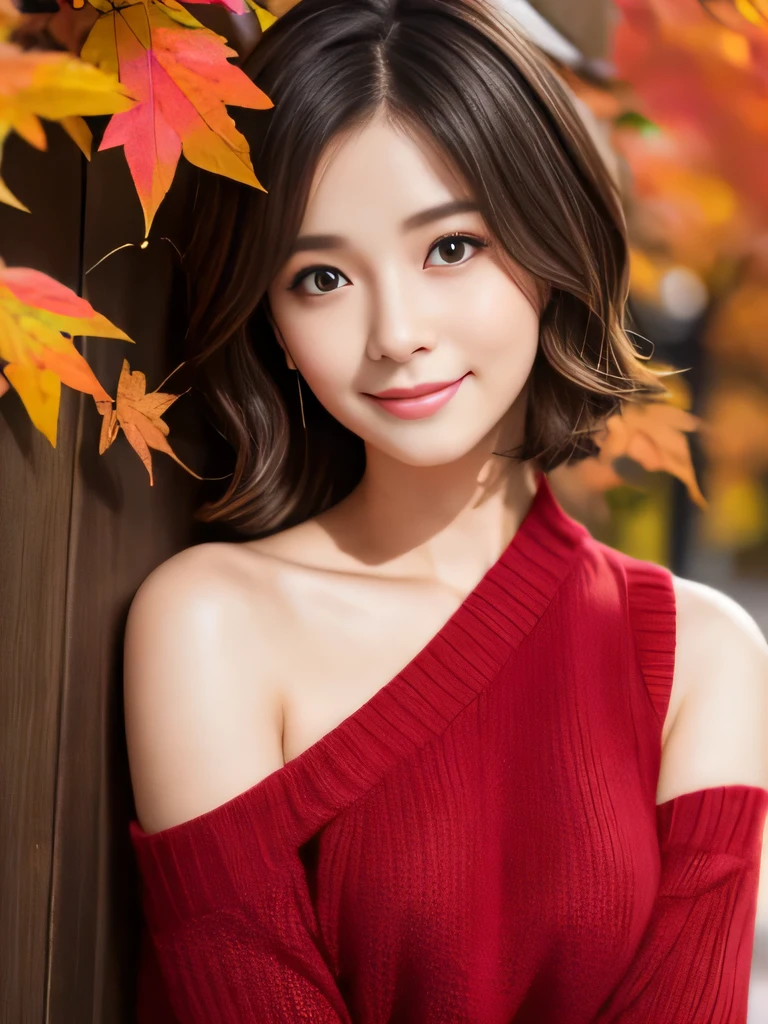table top, highest quality, shape, Super detailed, finely, High resolution, 8k wallpaper, 完璧なダイナミックな構shape、Mature woman 27 years old cute girl、sweet girl、fiery idol pose、detailed face、Super detailedかわいい目、realistic lips、realistic and beautiful skin、shy smile、wavy brown short cut hair、small breasts、bold sexy pose、Sweater with one shoulder exposed、red autumn leaves、