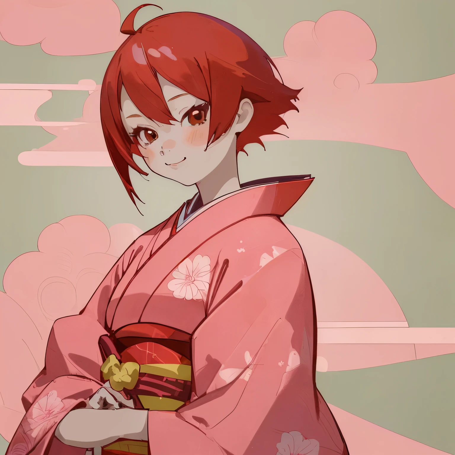 (finely best quality illustration:1.2), (kawaii girl:1.0), (1girl, solo:1.0), (red hair, red short hair:1.0), (pink kimono, tsubaki pattern:1.0), (smile:0.6), (upper body:1.0), (ultra-detailed, highres:1.0),