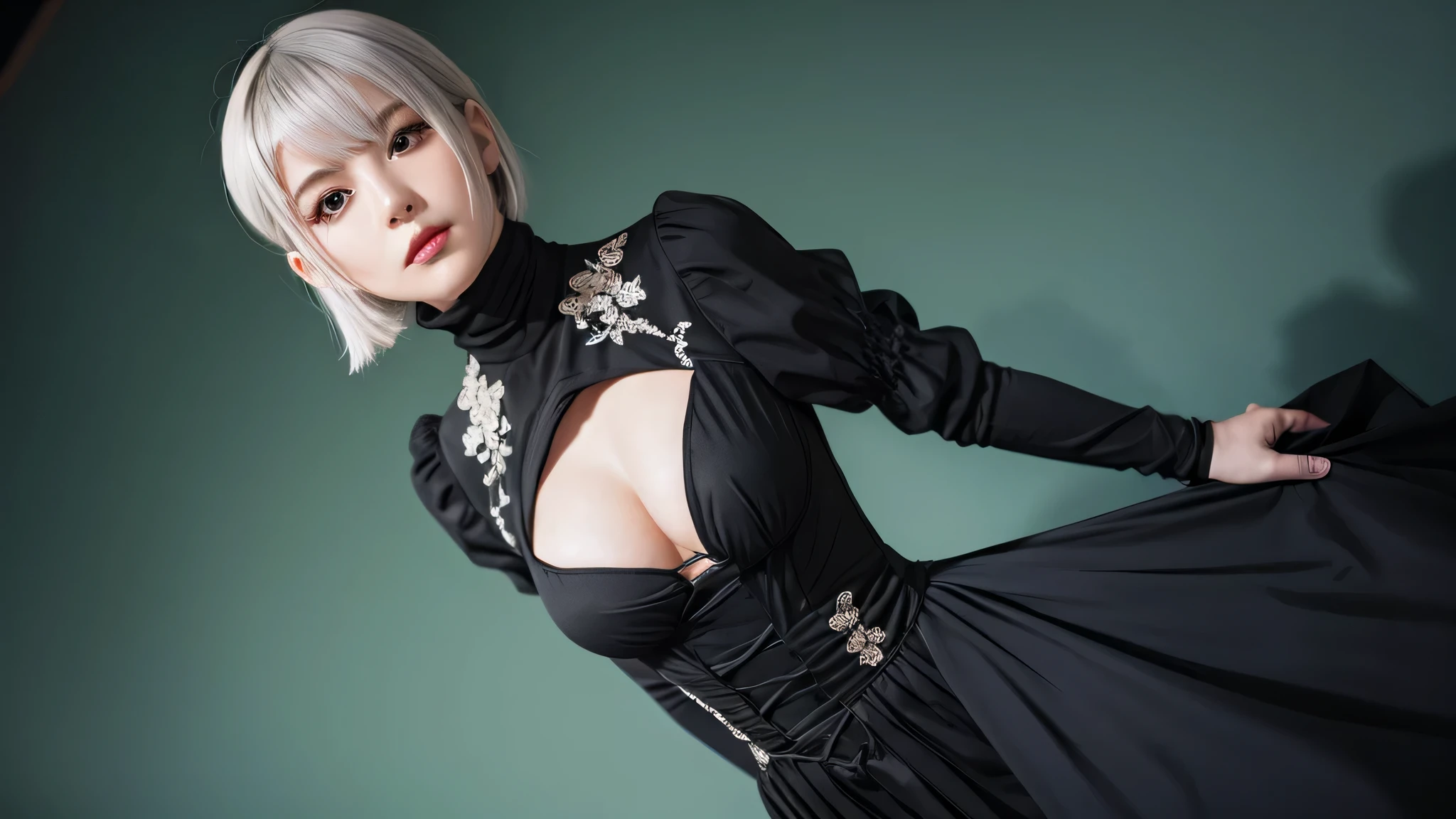 realistic, photorealistic, 1 girl, YoRHa type B, chest, cleavage, cleavage cutout, cleavage chest元 translucent black embroidery、black costume、clothing clippings, green background, hair between eyes, hair band, High resolution, juliet sleeves, long sleeve, NieR (series), NieR automata, plump sleeves, red lips, face with shadow, short hair, alone, black turtleneck, ruffle skirt, whole body, silver hair, blue sky、look sideways、sexy
