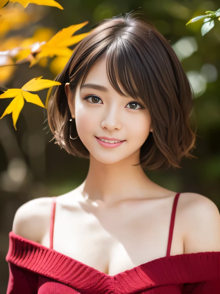 table top, highest quality, shape, Super detailed, finely, High resolution, 8k wallpaper, 完璧なダイナミックな構shape、Mature woman 27 years old cute girl、sweet girl、fiery idol pose、detailed face、Super detailedかわいい目、realistic lips、realistic and beautiful skin、shy smile、wavy brown short cut hair、small breasts、bold sexy pose、Sweater with one shoulder exposed、red autumn leaves、