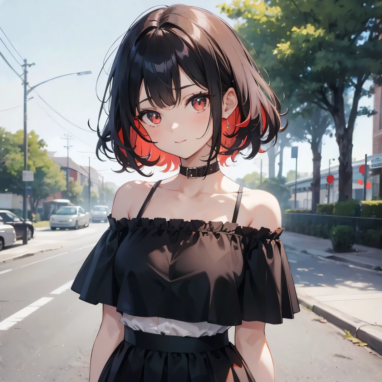 1 busty girl, Alone, medium black hair, mediuml breasts, looking at viewert, ssmile, through bangs, The shirt, a skirt, exposed bare shoulders, close your mouth, a red eye, clavicle, black  shirt, upper part of body, red colored hair, short- sleeved, side locks, Shiny, cropped shoulders, Parted bangs, curlies, off-the-shoulder shirts, retro artstyle, 90s of the 20th century (Stylized), 80s of the 20th century (Stylized)