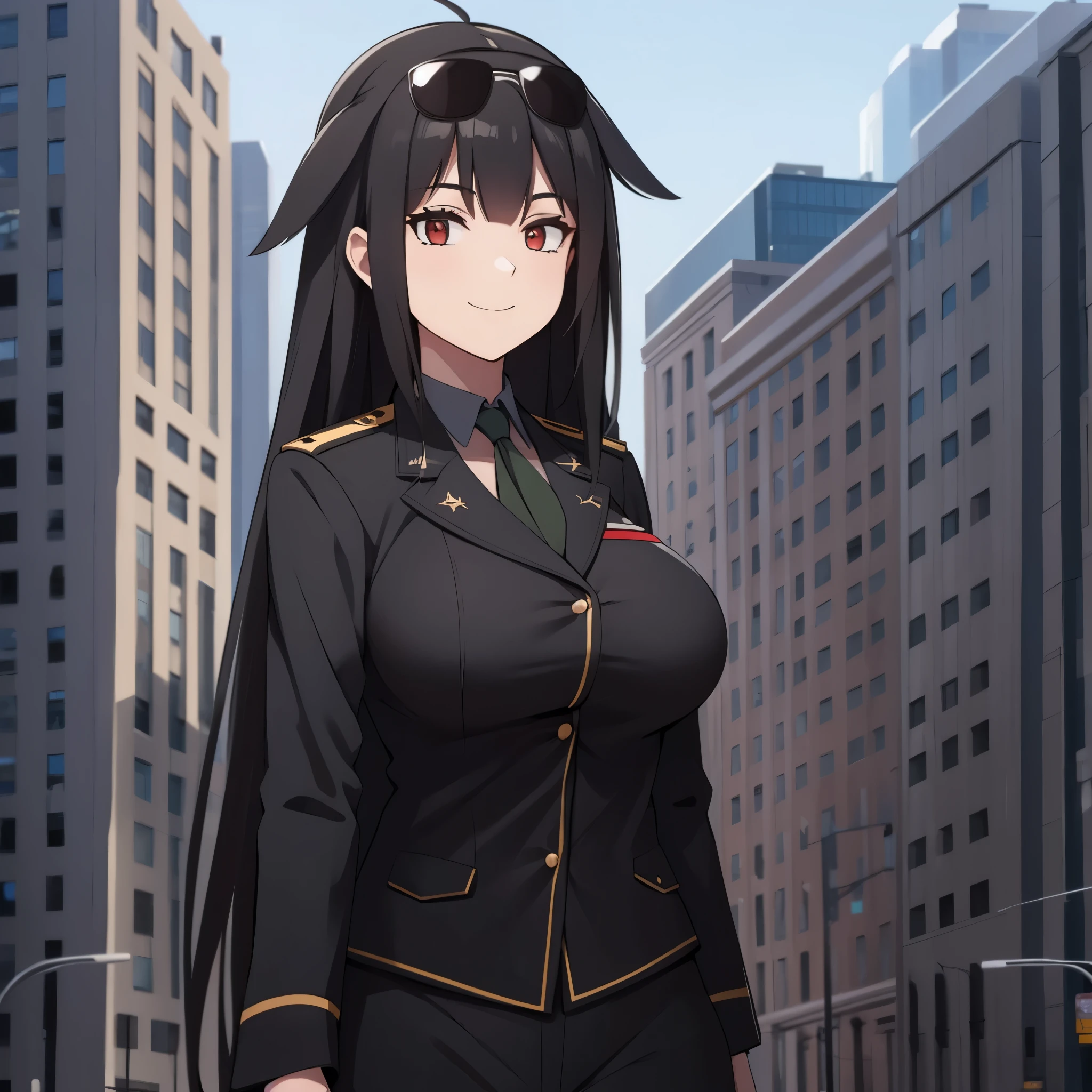 A woman wearing black military suit, long black hair, red eyes, cute face, big breasts, smiles, in a big city at day.