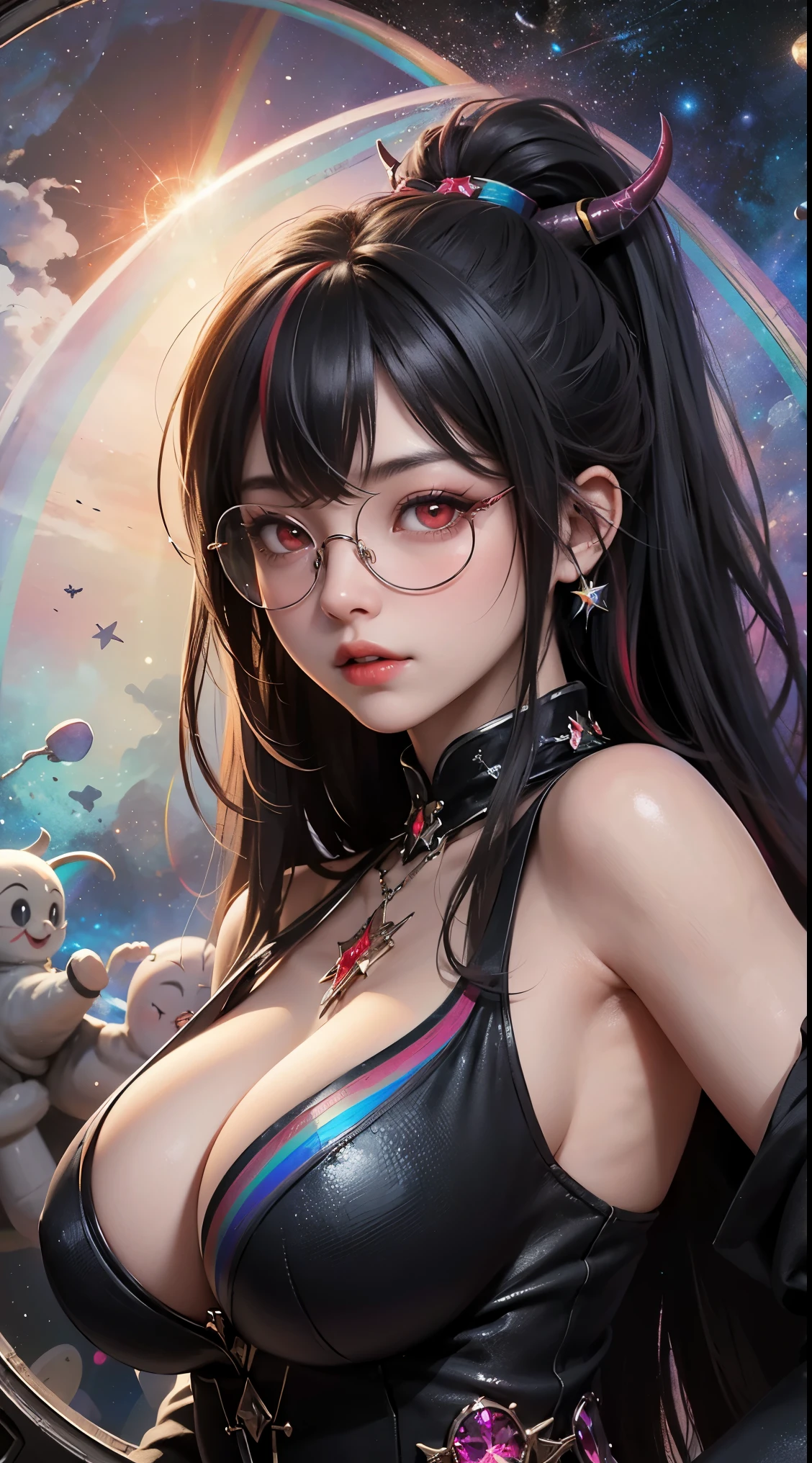 1名 27歳 woman, Understood、(best illustrations)、8k UHD resolution、intricate details、最high quality、realistic、Super detailed、best lighting、best shadow、soft lighting、ultra hd、dungeon and Dragon、cave、dungeon、 necromancer、night、dark style、Succubus、devil'Daughter of、bat wings,(((demon hornラック縁round glasses))))、(((big breasts)))、(devil'tail)、(red eyes shine:1.6)、masterpiece、beautiful features、Tyndall effect、realisticphotograph、(high detail skin:1.2)、8KUHD、Digital single-lens reflex camera、high quality、photograph、High resolution、 absurd、Ponytail distortion、Optimal ratio of 4 fingers and 1 thumb、1 girl、hair ornaments、真っ赤に輝くgemのネックレス、gem、beautiful expression、body up、big breasts emphasis、tight waist、wide ass、Tyndall effect、Photoreal、(high detail skin:1.2)、dark and mysterious version, lipstick red lips, thin and beautiful lips, Don'Don'don't laugh, please keep your mouth shut, Characters created by Karol Baku and Pino Denis, intricate details, detailed background, very detailed, magic of light, woman, cute face, ((((giant glasses, otaku glasses, thick glasses, round glasses))))、 looking at the Upper body of the goddess , round chest, big and round chest, phoenix hair brooch, long hair with bangs, (Long hair has seven colors like a rainbow:1.9), Beautifully detailed face and well-proportioned eyes, (crystal clear red eyes: 1.8), Big round eyes and very beautiful and detailed makeup, Visionary, long silk nightgowns, mysterious makeup, ブresponseレット, I dyed the side bangs light yellow..., Upper body, (goddess Upper body: 1.8), hanging arms, リアルで鮮やかなphotograph, (stars that make up : 1.7), ( Space-time portal of sky and imagination: 1.8), fiction art, RAWphotograph,黒い着物のphotograph, 最高のphotograph , expensive_response, 最high quality, 最高のphotograph, 8K quality, 8K Ultra , surrealism, 最も経済的な本物のphotograph, Artistic portrait of 12 signs, Symbol of one of the 12 signs on the reverse side, 12 A Portrait of a Goddess, 最もrealistic配色, 最高のphotograph color, masterpiece, hair ornaments, ネックresponse, jewelry, beautiful face, Upper body, Tyndall effect, photographのようにリアルな, Dark studio, border light, two tone light, (fine skin) expensive: 1.2), 8k UHD, Digital single-lens reflex camera, soft light, expensive quality, volume light, Frank, photograph, expensive responseolution, 4K quality, 8k, Bokeh, smooth and sharp, 10x more pixels, Charming goddess, sexy goddess, (background space: 1.8), (milky way: 1.7), aurora, lightning, (auroraの背景: 1.8) <roller:crazy_perfect eyes_v1_from_v1_, beautiful goddess and flowers, (((demon horn))))、(((bat wings))))、