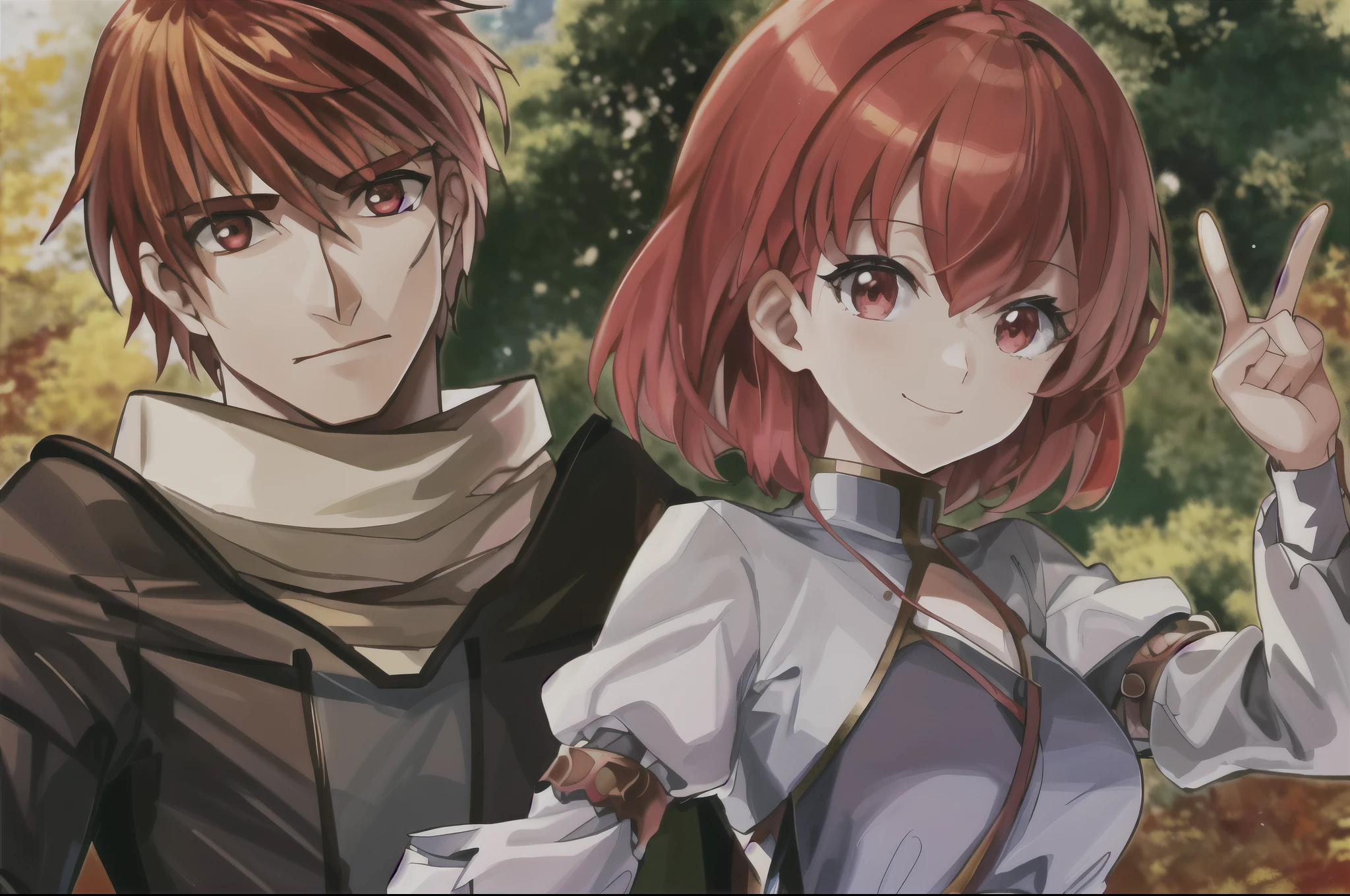 red haired anime boy standing next to maria from fire emblem, peace sign, smiling, river behind, picture, happy, visual novel cg, extremely detailed, high quality