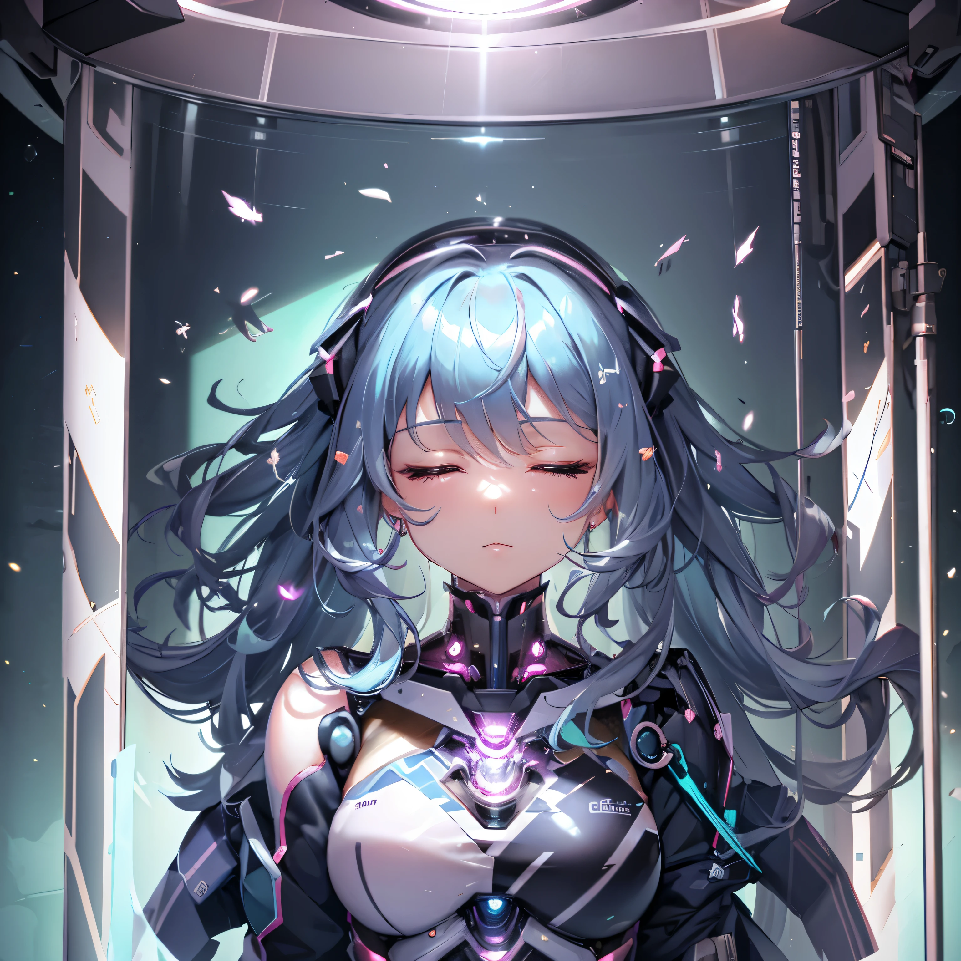 8K quality:1.2,1 girl,Super beautiful illustration,closed my eyes,long straight hair,beautiful face,detailed face,Super beautiful,anime cyborg,Mecha,maintenance,connected to the plug,inside the glass tank,inside the container,bright colored neon,bio computer,cyber-,Near future,SF,Spotlight